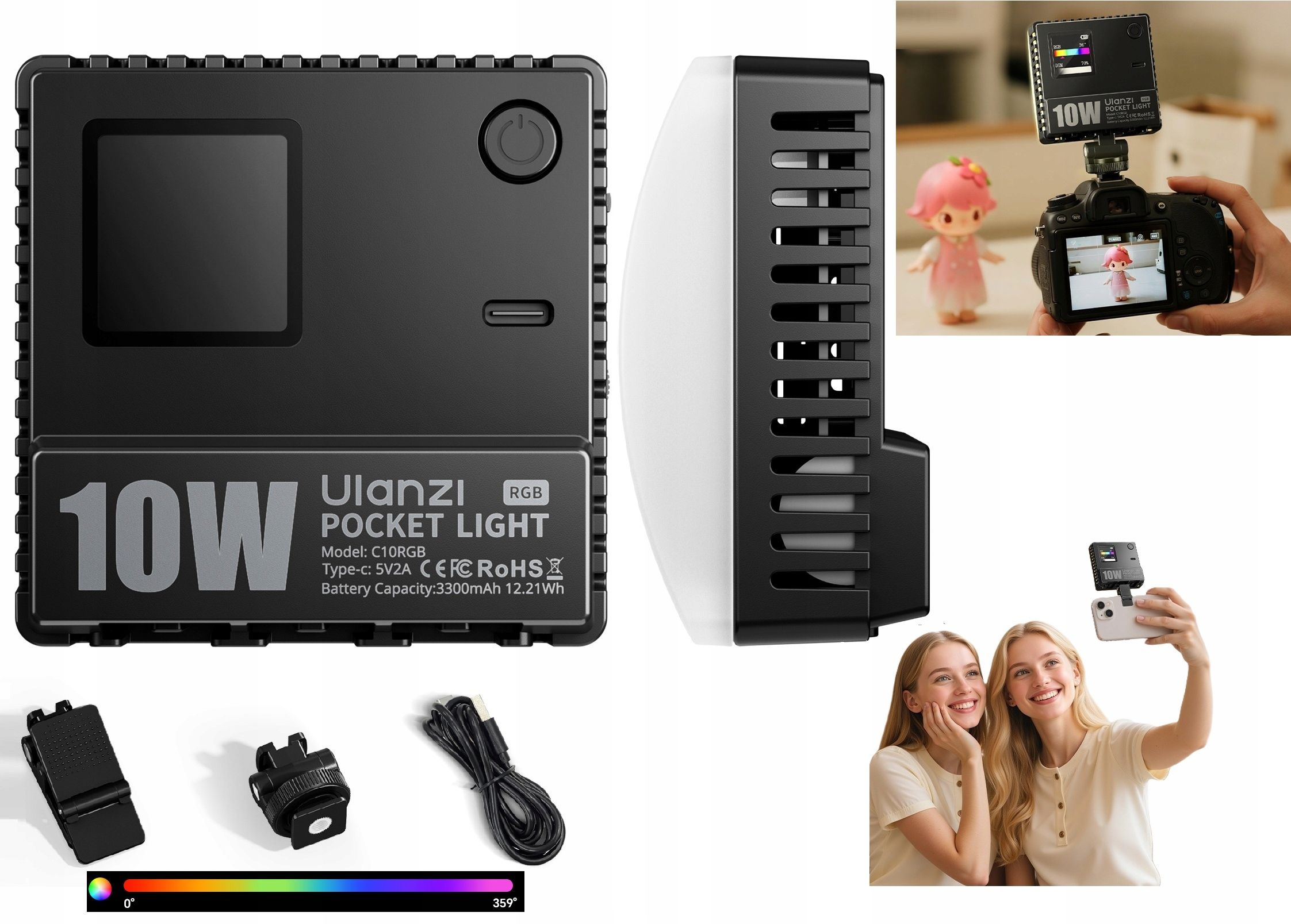 Czarna lampa kieszonkowa Ulanzi z tekstem 10W. Zawiera akcesoria i dwie kobiety robiące selfie ze światłem.