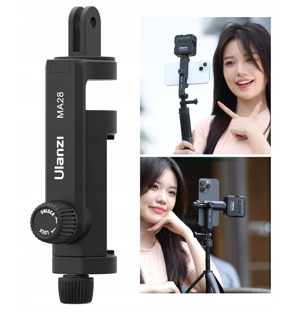 Czarny uchwyt do telefonu Ulanzi MA28 i trzy zdjęcia kobiety używającej go z telefonem i małym światłem.