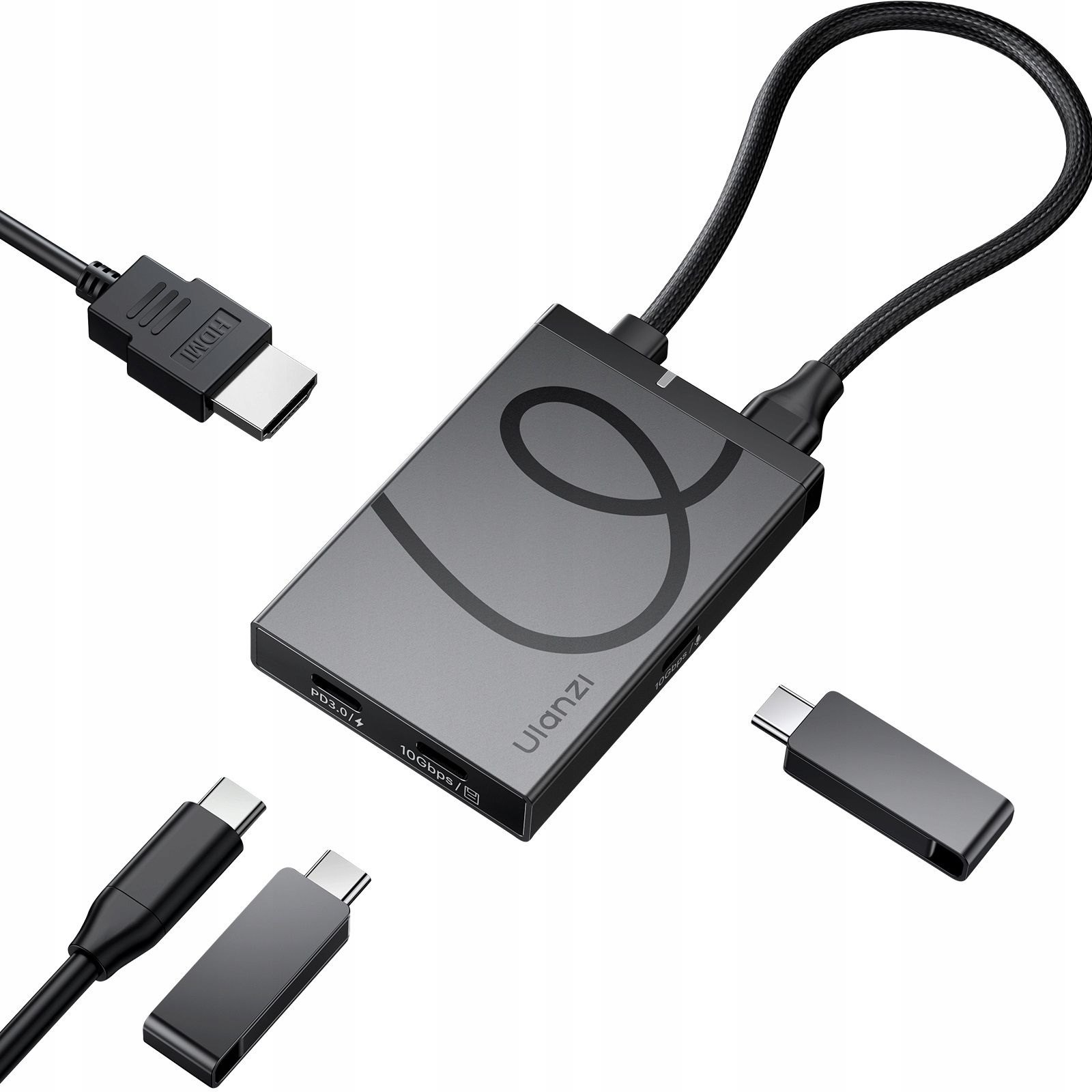 Szary hub Ulanzi z dołączonymi kablami i złączami, w tym HDMI i USB-C. Scena na białym tle.