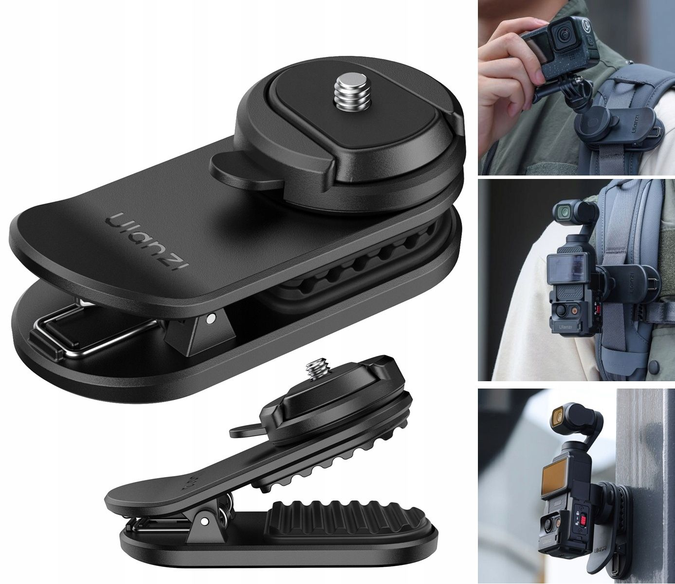 Czarny klips do kamery Ulanzi. Posiada mocowanie śrubowe do kamer i klips do mocowania do pasków. Służy do trzymania kamery.