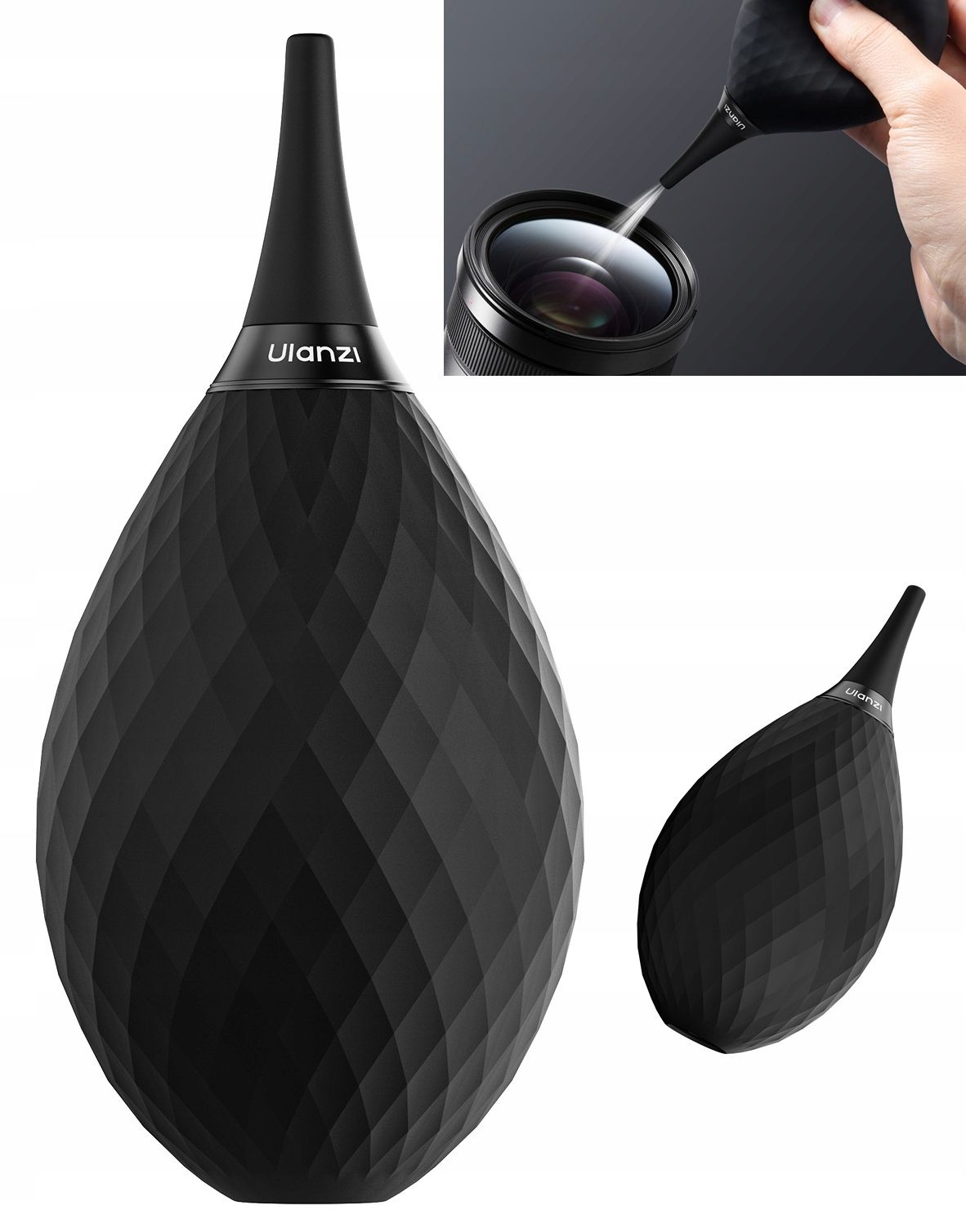 Czarna dmuchawa do obiektywów Ulanzi z diamentowym wzorem. Służy do czyszczenia obiektywu aparatu. Tło jest ciemne.