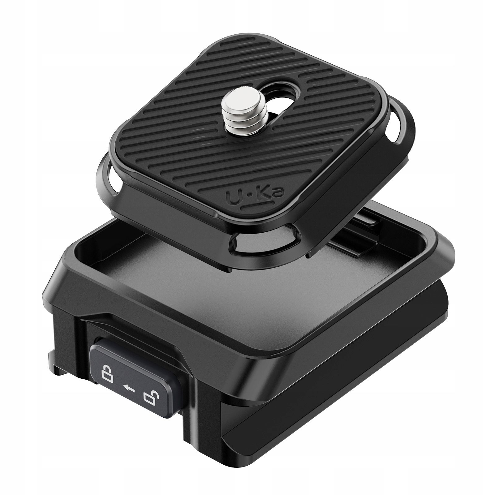 Czarna płytka i podstawa do szybkiego montażu kamery. Górna płytka ma srebrną śrubę. Podstawa ma przycisk blokady.