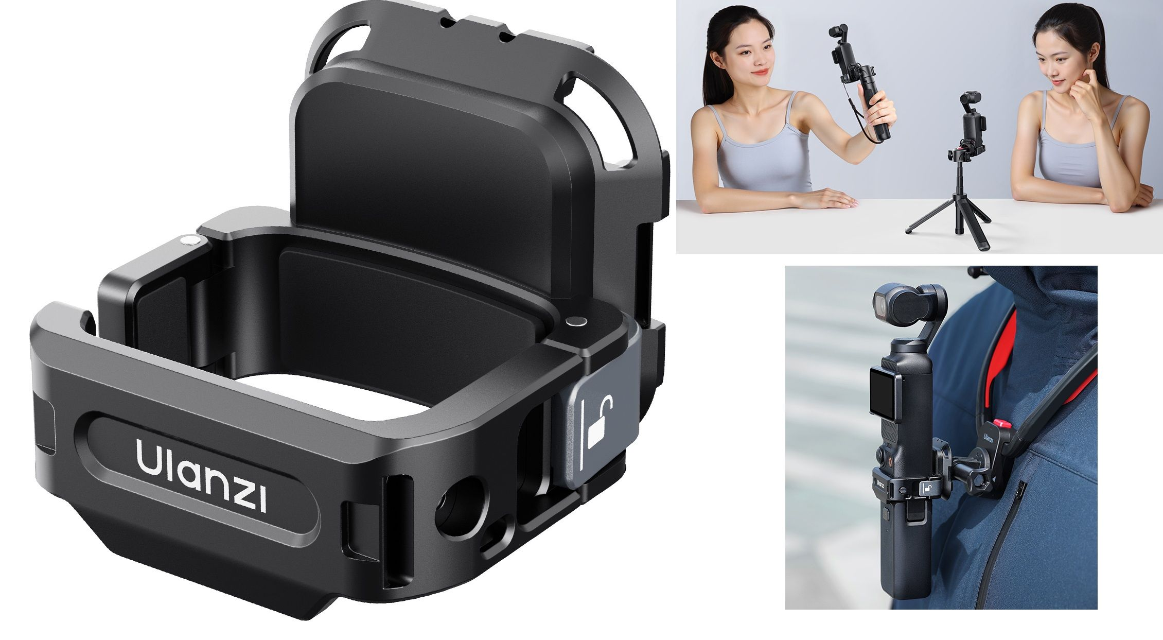 Czarna klatka stabilizatora Ulanzi. Ma symbol blokady i trzyma kamerę. Pokazano modele z kamerami.