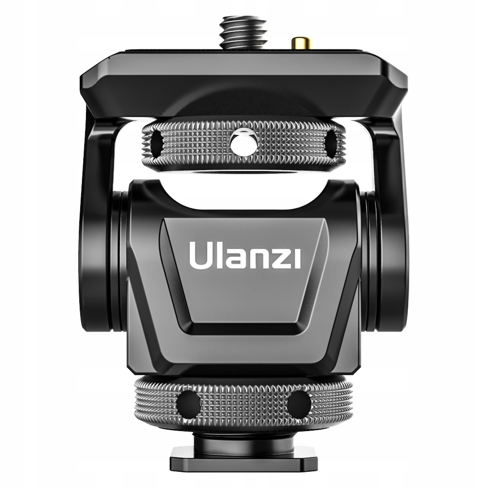 Czarny uchwyt do kamery Ulanzi. Posiada wiele regulowanych części, teksturowane pokrętła i śrubę na górze.