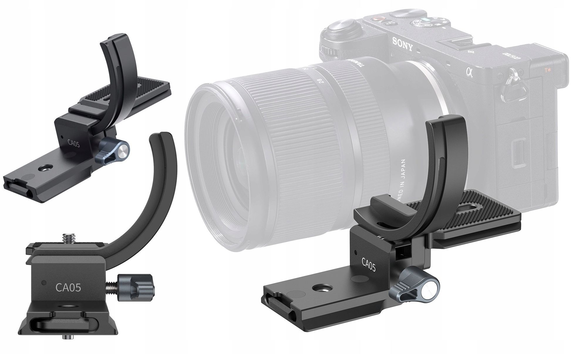 Aparat z obiektywem jest zamontowany na czarnych metalowych wspornikach. Wsporniki mają etykietę CA05. Tło jest białe.