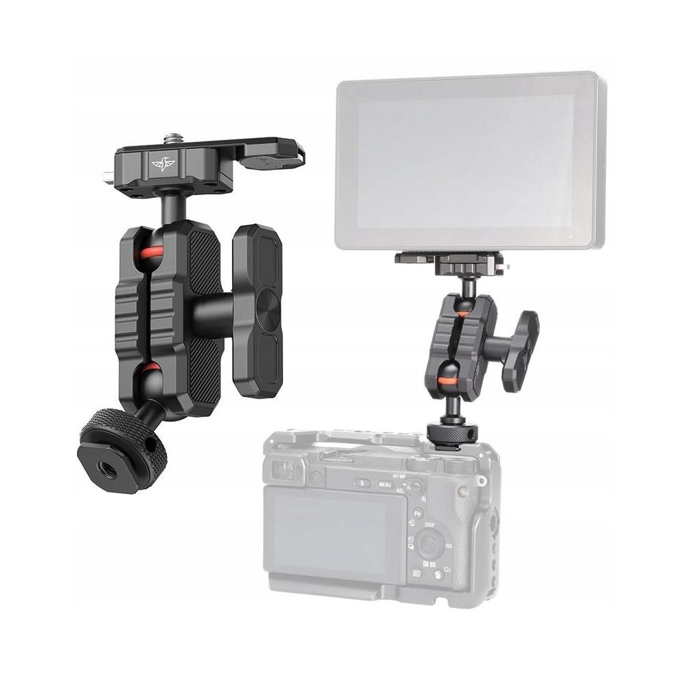 Dwie czarne głowice kulowe do kamery z czerwonymi akcentami, jedna przymocowana do kamery, druga do ekranu.