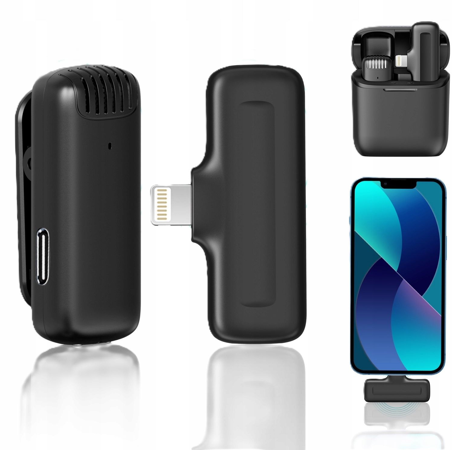 Czarny bezprzewodowy system mikrofonowy z złączem Lightning, etui ładującym i iPhone'em. Odbijająca powierzchnia poniżej.