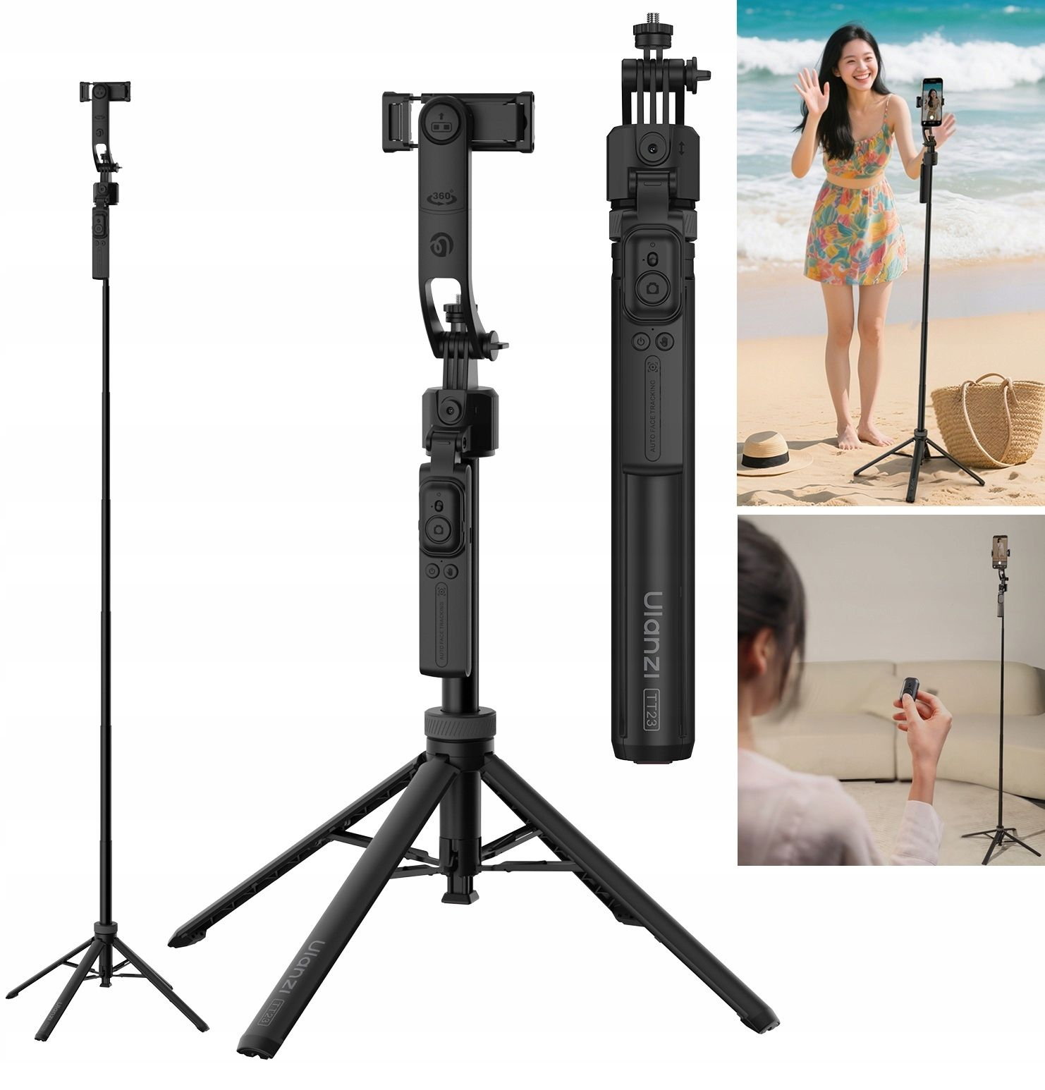 Schwarzes Ulanzi TT23 Stativ und Selfie-Stick. Eine Frau benutzt es am Strand und winkt. Andere Aufnahmen zeigen das Gerät.