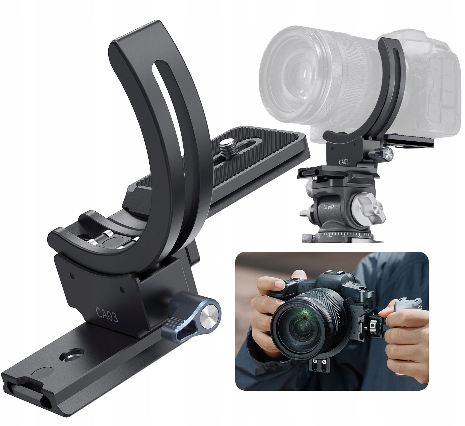 Czarna klatka na aparat z aparatem na statywie i w rękach, zbliżenie klatki.