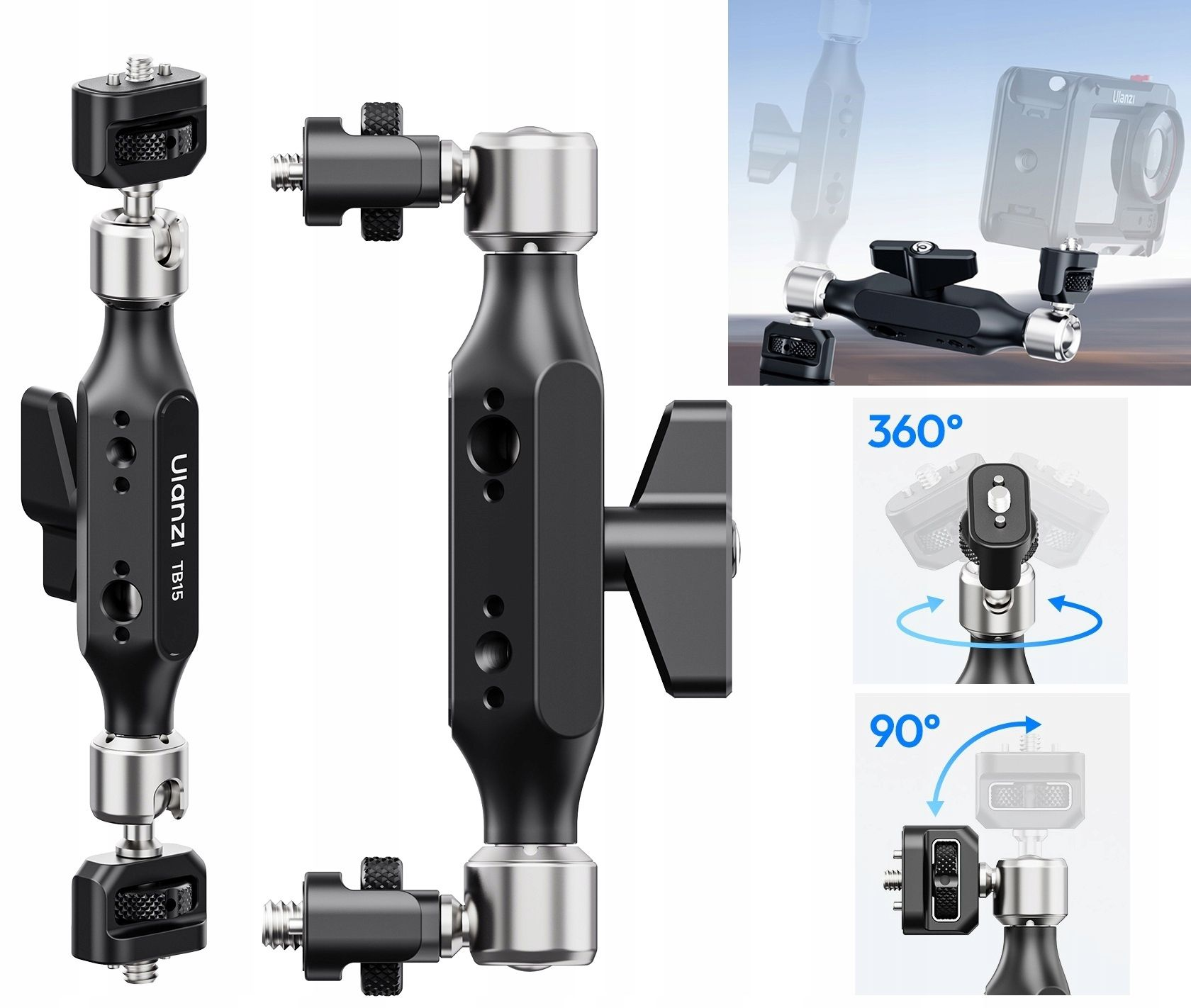 Czarny uchwyt do kamery Ulanzi TB15 ze srebrnymi przegubami. Umożliwia regulację w zakresie 360 i 90 stopni. Pokazano zdjęcia produktu i zdjęcia demonstracyjne.