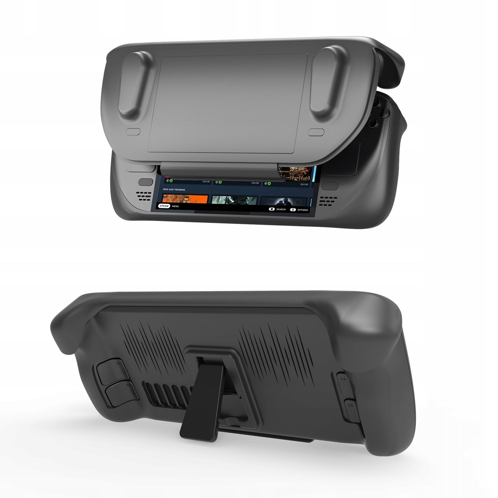 Czarna przenośna konsola do gier, ekran wyświetla gry. Dół ma podstawkę. Białe tło.