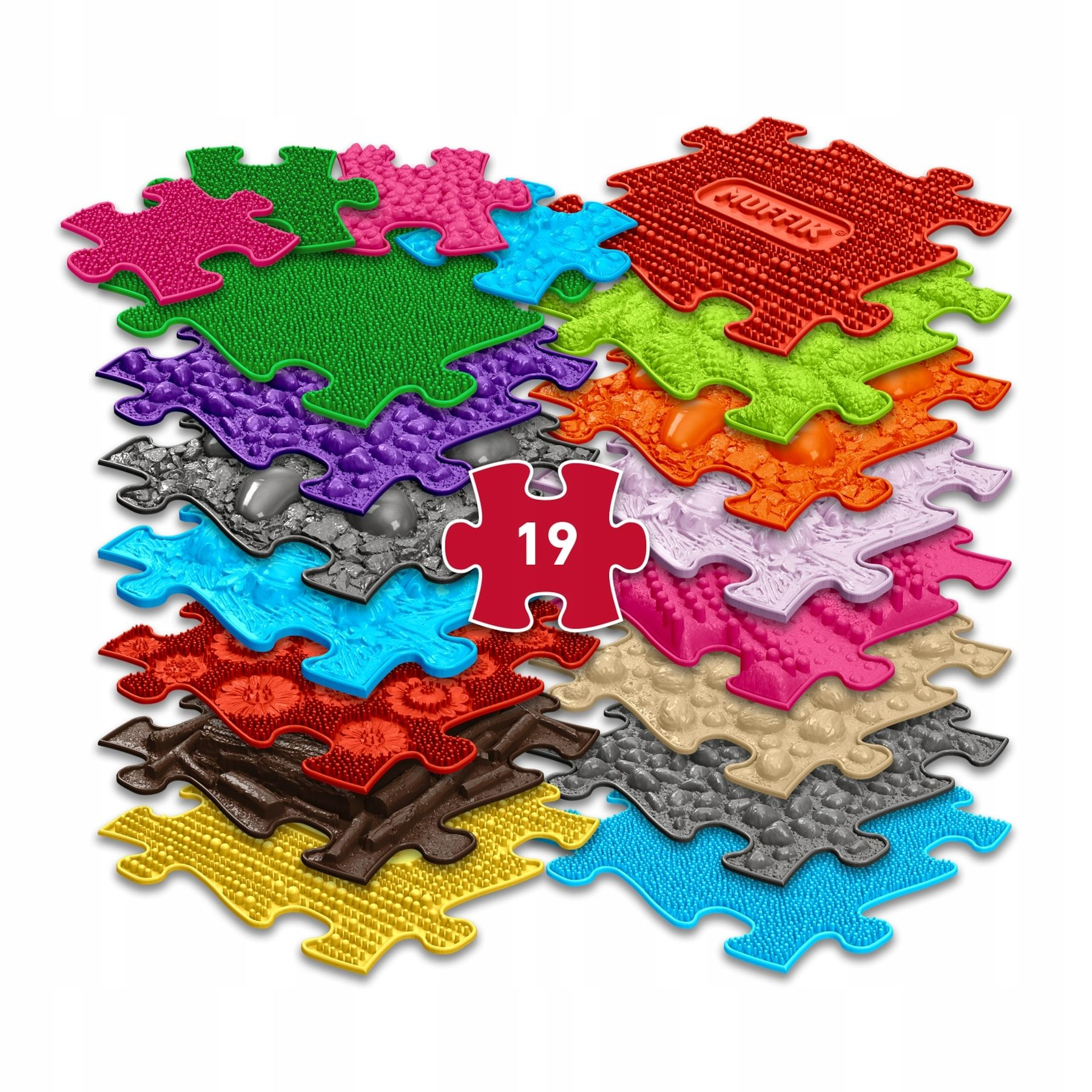 Kolorowa układanka z teksturowanych elementów. Każdy element ma unikalny kolor i teksturę, z numerem 19 pośrodku.