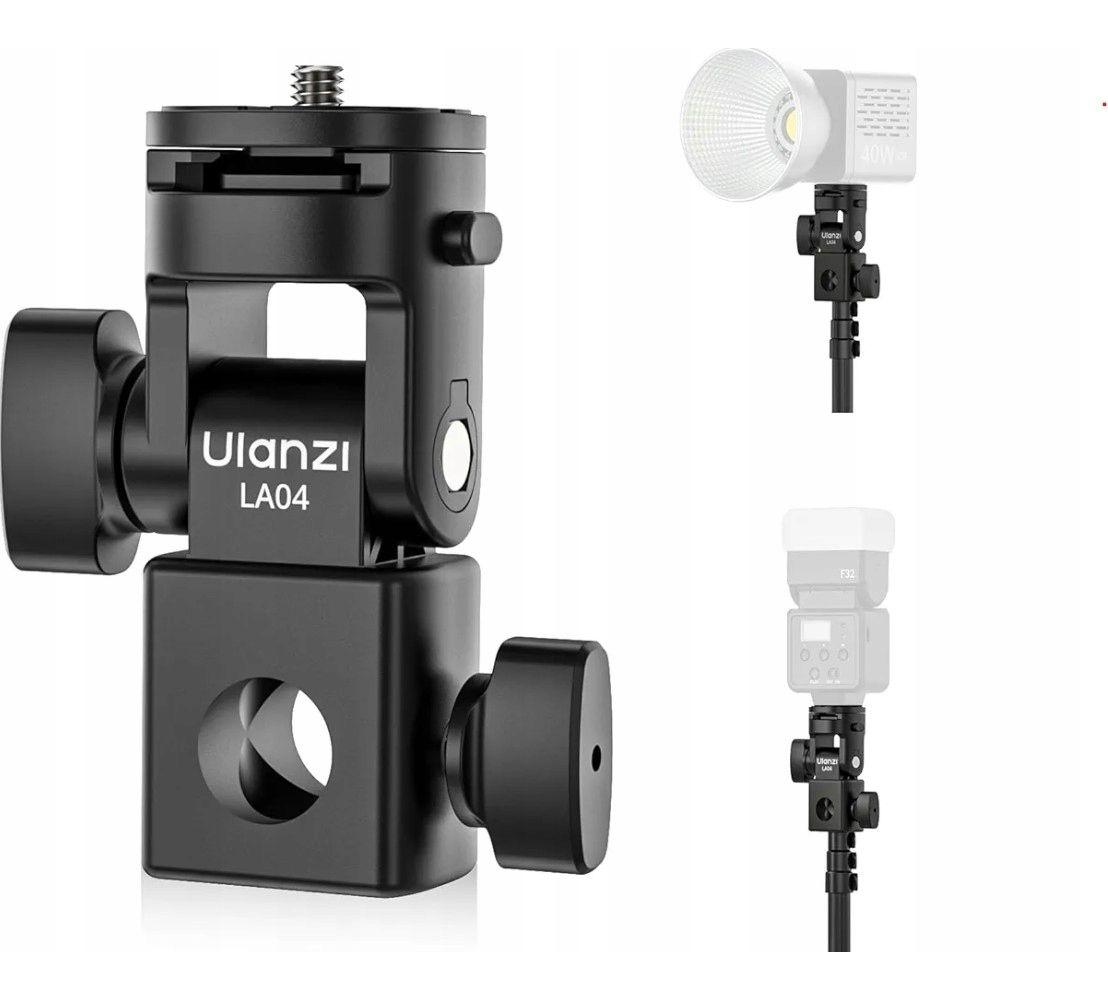 Czarny adapter do statywu oświetleniowego Ulanzi LA04 z dwoma światłami. Jedno ma białe światło, drugie to lampa błyskowa.