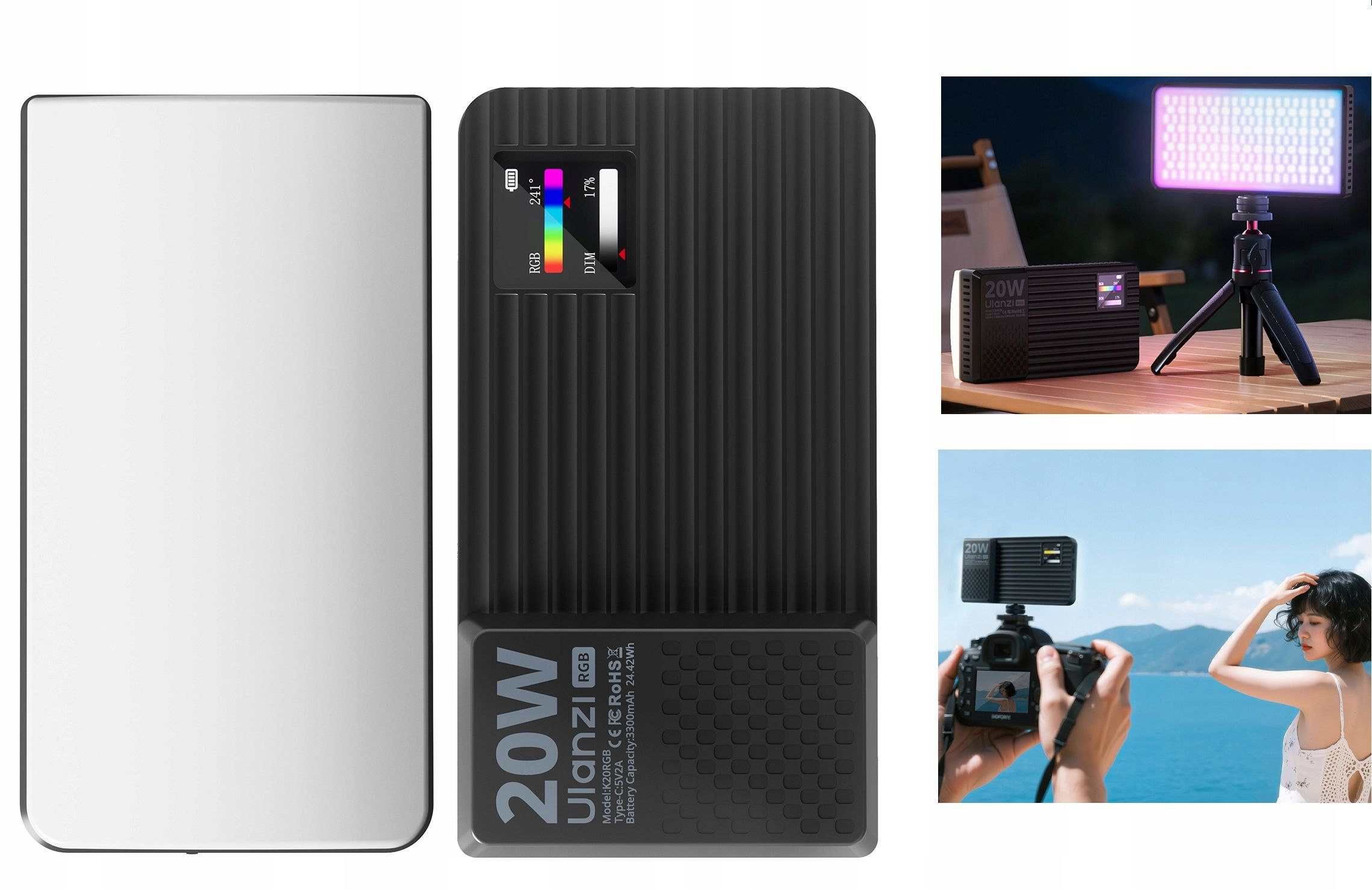 Biała i czarna lampa LED. Mały ekran wyświetla RGB, ściemnianie i poziom naładowania baterii. Inne sceny obejmują używane światła.