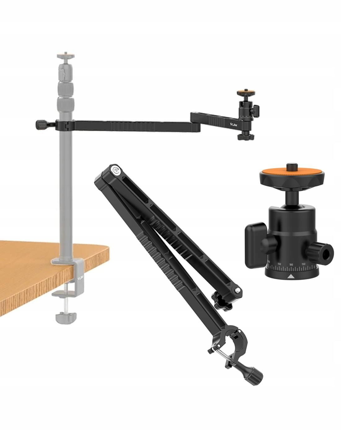 Zestaw czarnych akcesoriów do aparatu. Zawiera zacisk, regulowane ramiona, głowicę kulową i mocowanie statywu. Wszystko na białym tle.