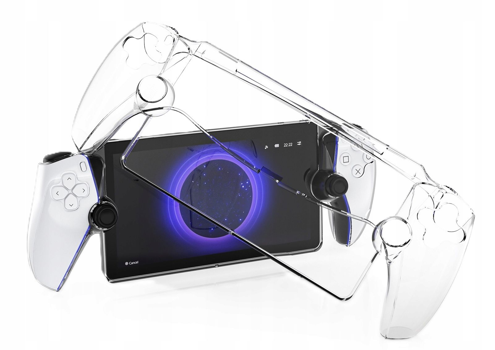 Tablet z świecącym okręgiem na ekranie, w przezroczystym plastikowym kontrolerze, na białym tle.