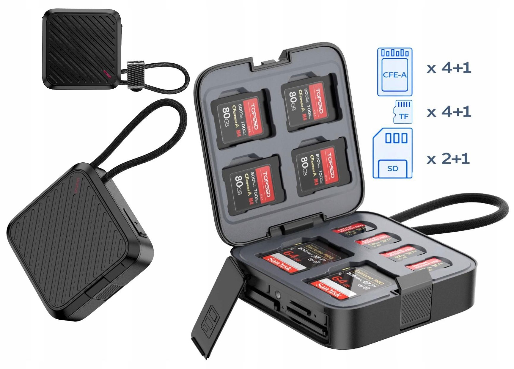 Czarne etui do przechowywania kart SD z wieloma kartami pamięci i oddzielną jednostką pamięci. Karty są oznakowane.