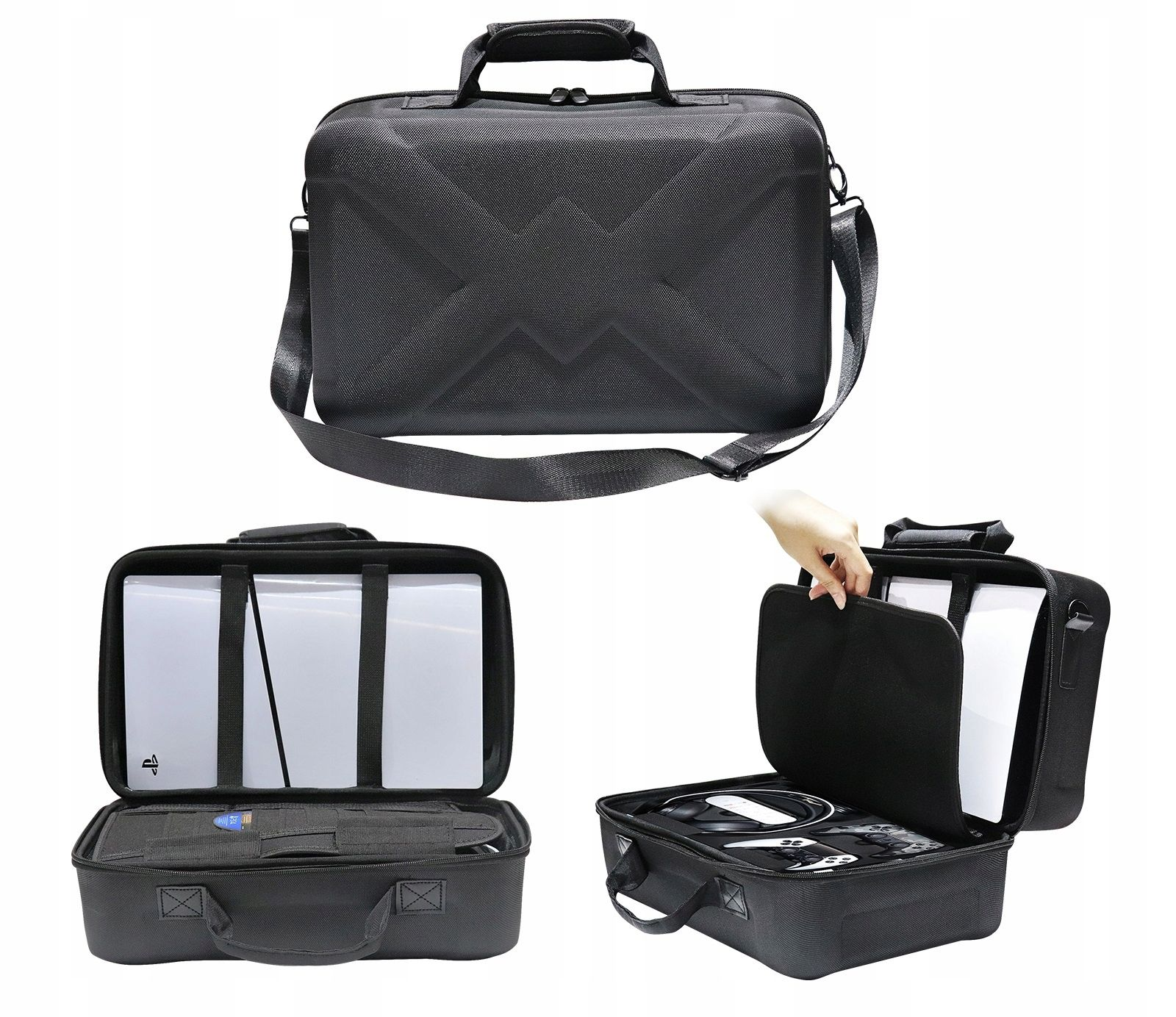 Czarny, strukturalny futerał na konsolę do gier. Pokazuje zamknięty, otwarty z konsolą w środku i otwarty z akcesoriami. Uchwyt i pasek w zestawie.