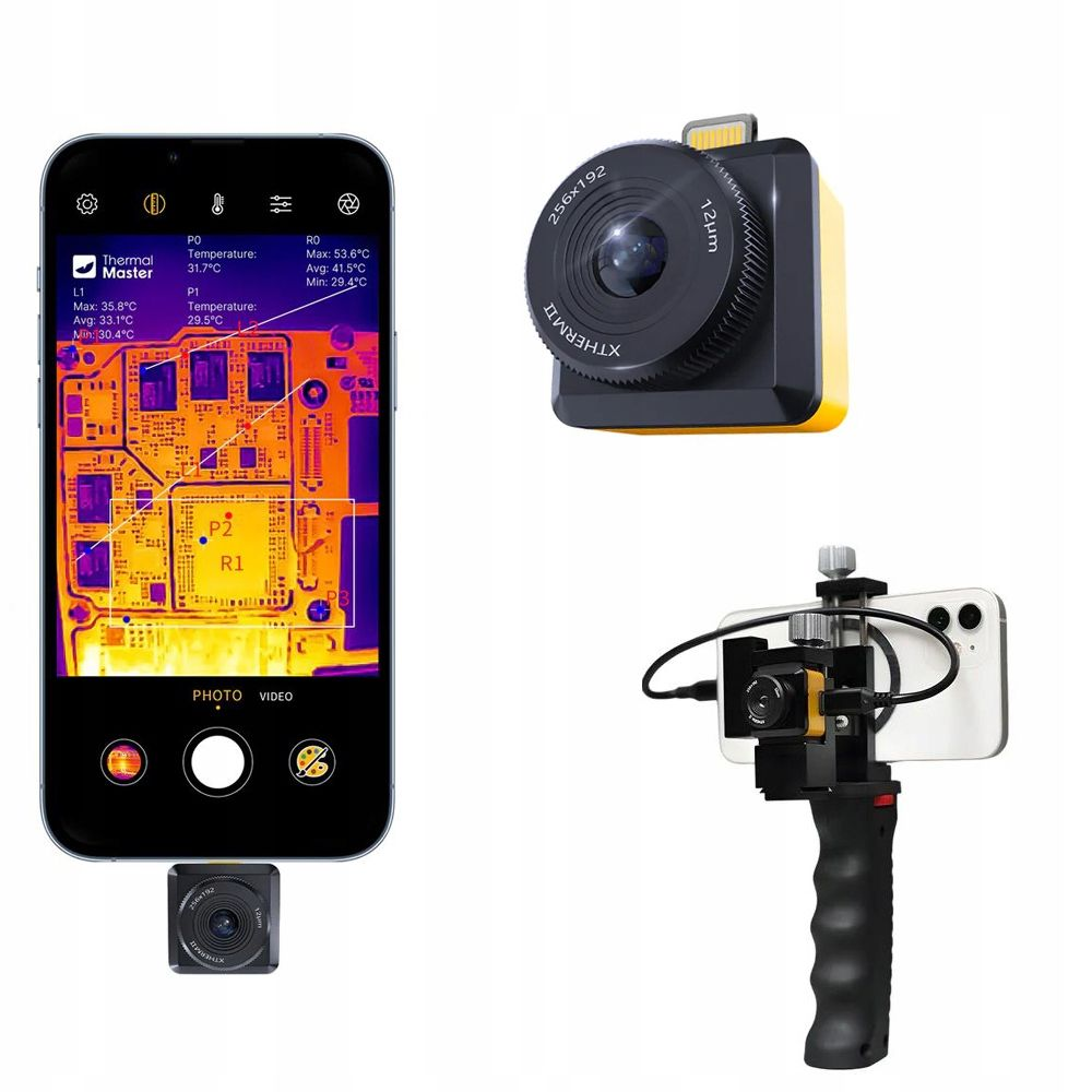 Smartfon wyświetla odczyty termiczne. Powyżej widać kamerę termowizyjną. Poniżej kamera jest zamontowana z uchwytem. Wszystko na białym tle.