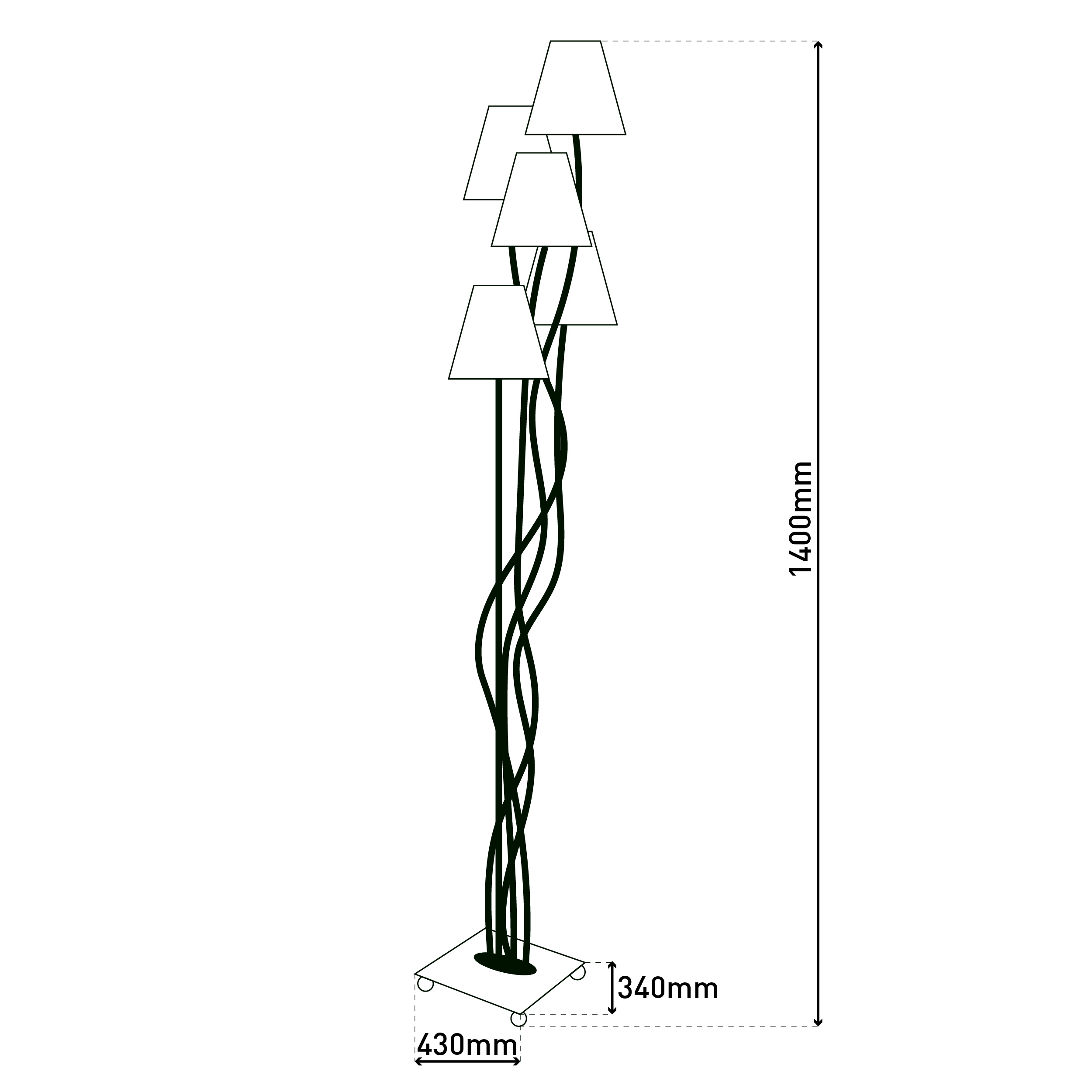 Eine stilisierte Lampe mit fünf Schirmen. Sie hat einen schwarzen, geschwungenen Stiel und einen quadratischen Fuß.