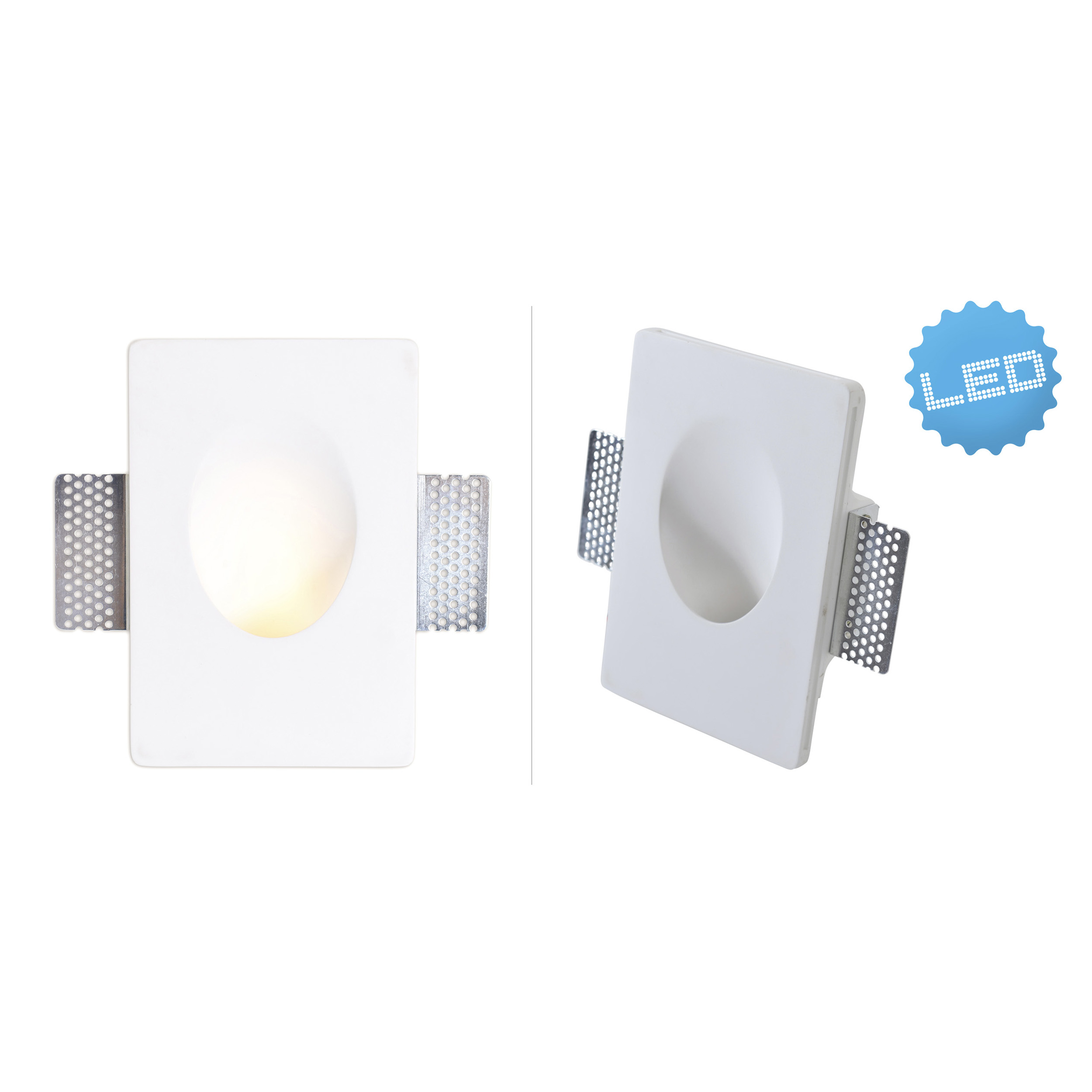Zwei weiße LED-Leuchten, eine davon leuchtet. Jede hat eine Metallhalterung. Ein blaues LED-Abzeichen befindet sich rechts.