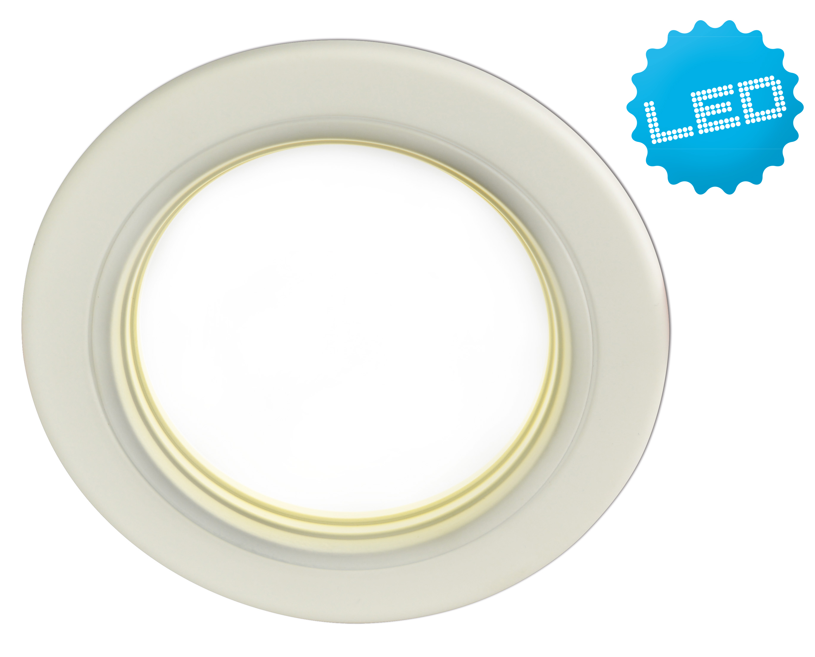 LED-Deckenleuchte. Kreisförmige weiße Leuchte mit gelbem Innenring. Blaues LED-Etikett an der Seite.