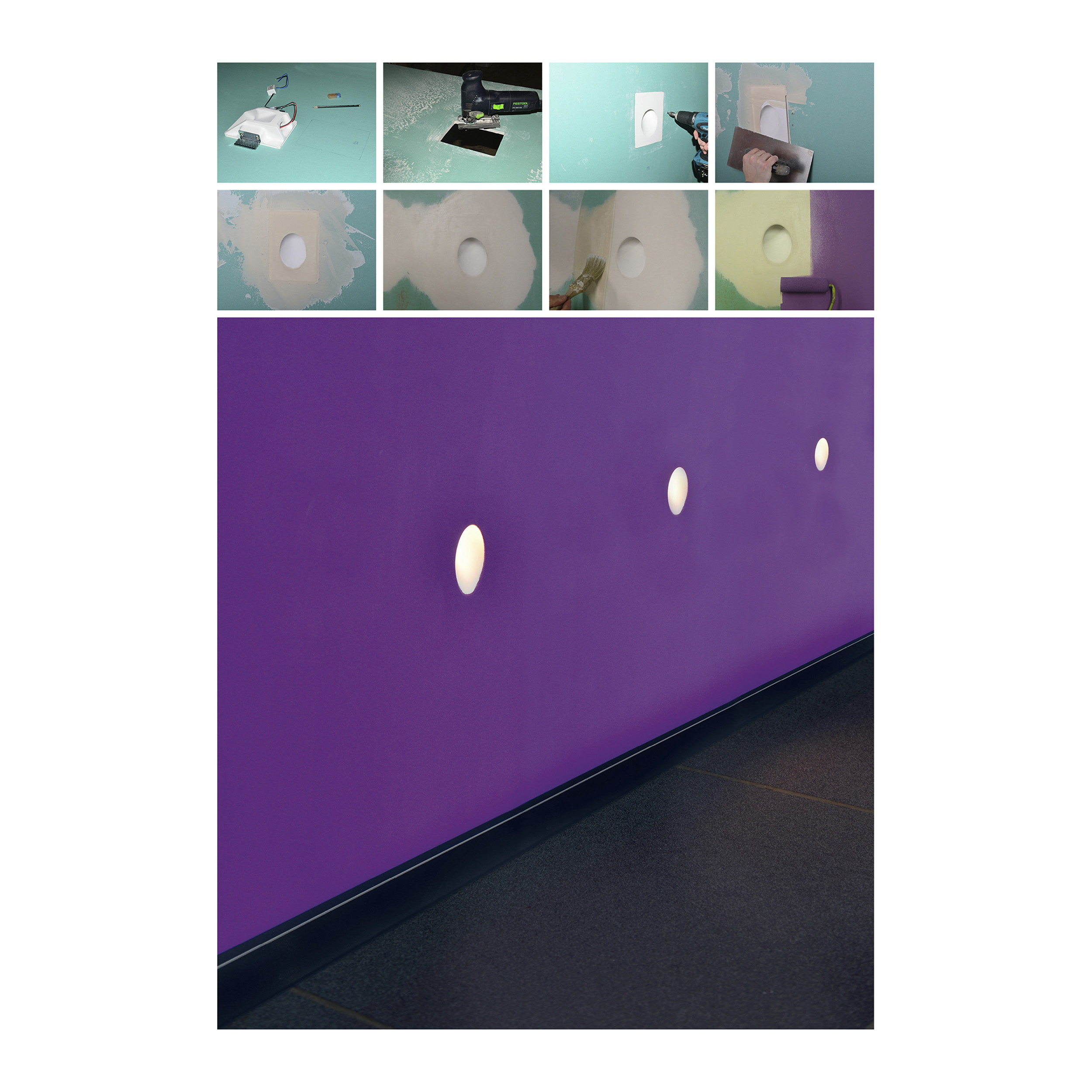 Eine lila Wand mit drei beleuchteten kreisförmigen Lichtern. Im Vordergrund befindet sich ein dunkler Boden. Bauabschnitte sind oben dargestellt.