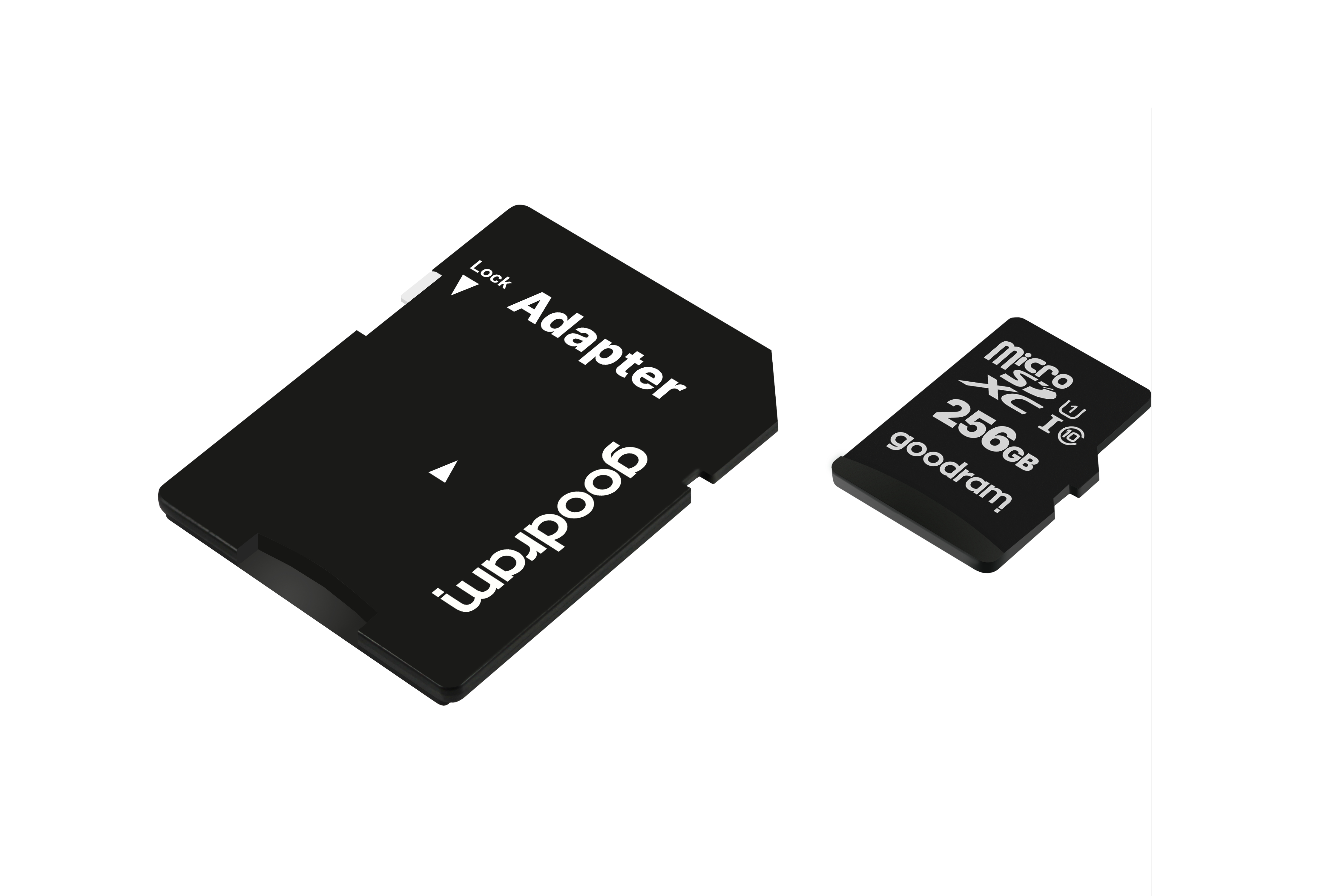 Czarny adapter kart SD i karta micro SD na białym tle. Oba mają biały tekst.