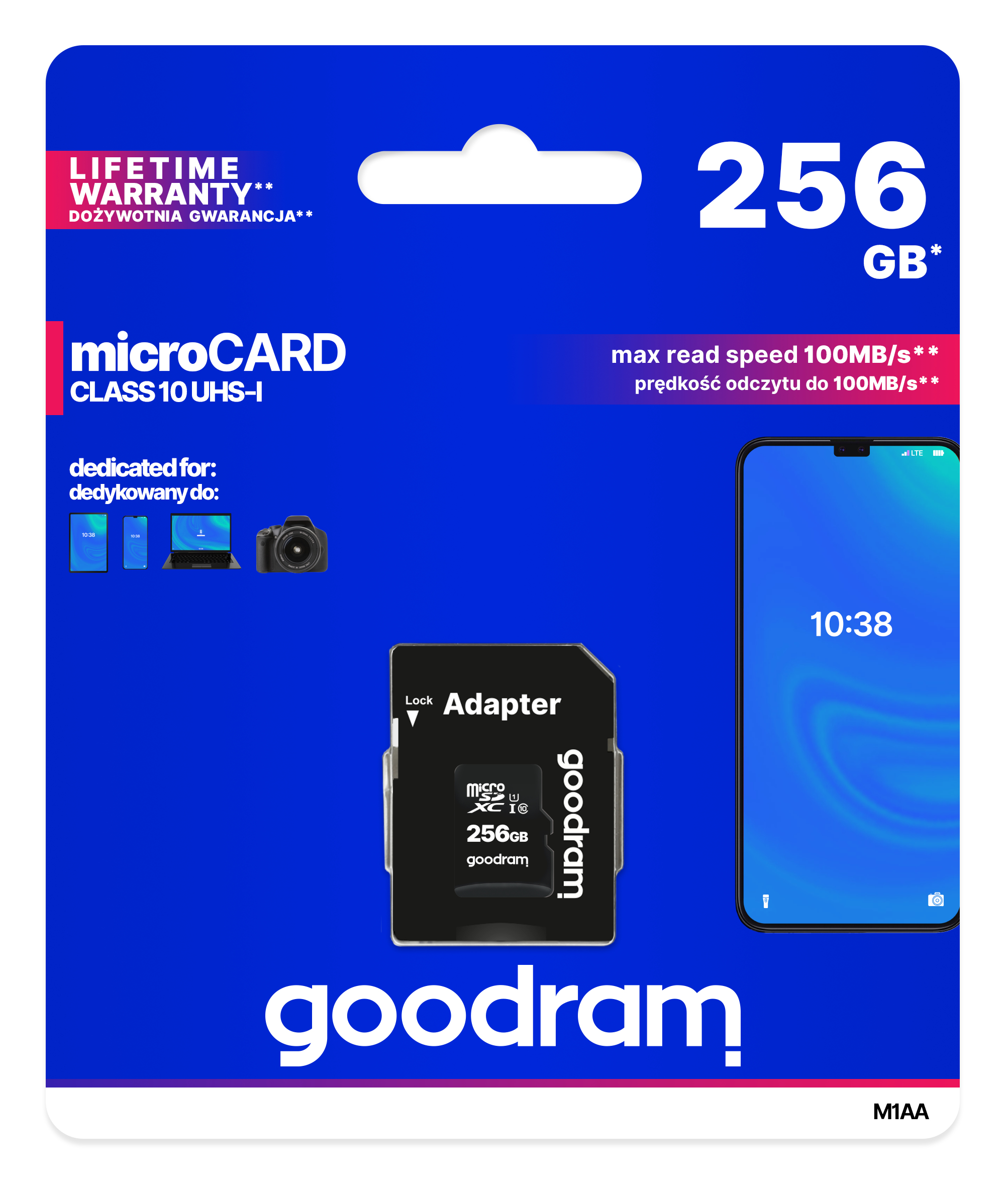 Niebieskie tło wyświetla kartę microSD 256 GB, telefon i tablet. Tekst brzmi 'goodram' i 'microCARD'.
