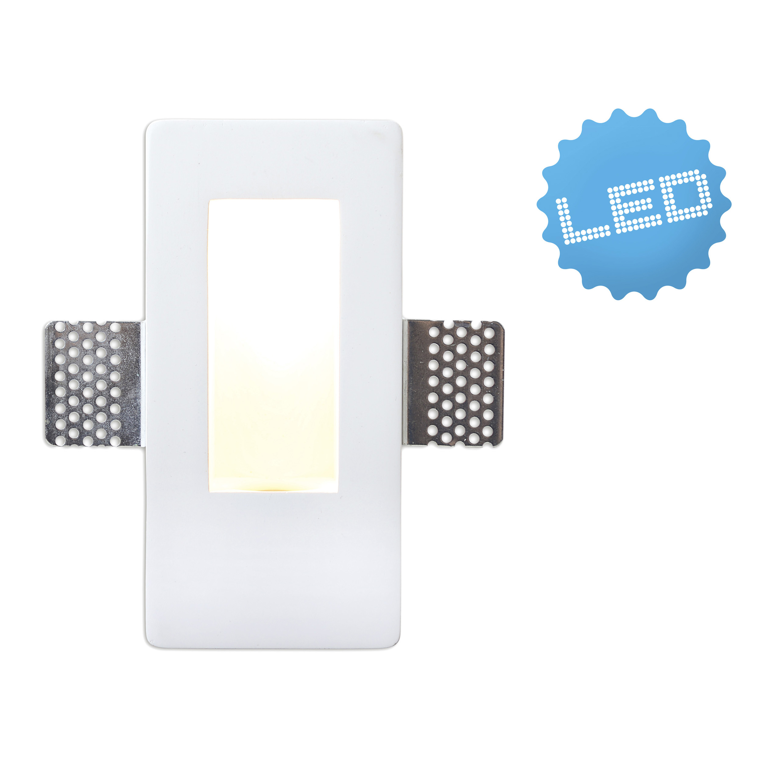 Eine weiße LED-Leuchte mit rechteckiger Öffnung. Ein blaues Abzeichen mit dem Text 'LED' rechts.