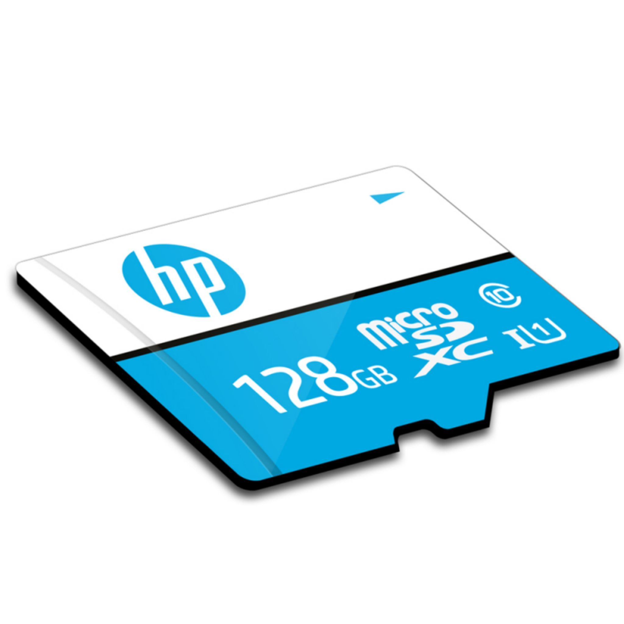 Una tarjeta Micro SD HP de 128GB azul y blanca. Tiene el logo de HP e información sobre su capacidad de almacenamiento.