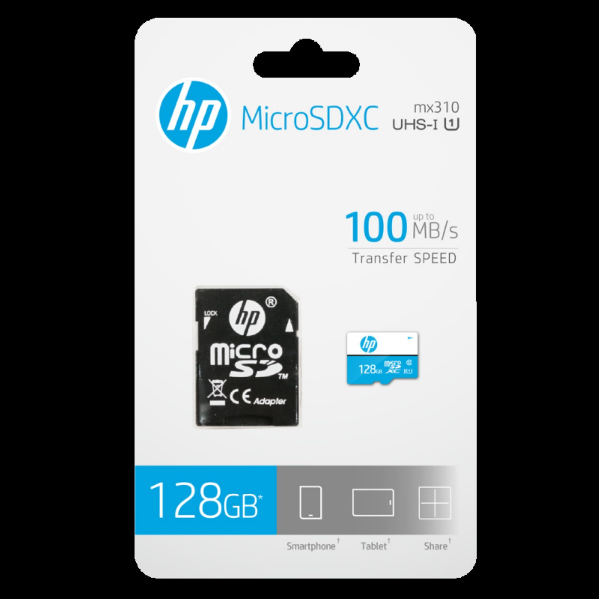 Paquete de tarjeta HP MicroSDXC. Negro y blanco, con detalles en azul. Muestra una tarjeta de 128GB y un adaptador, 100MB/s de velocidad.