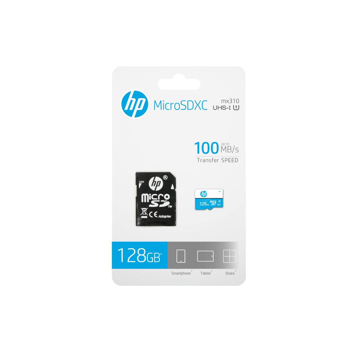 Paquete de tarjeta HP MicroSDXC. La tarjeta es negra. El paquete es blanco con detalles azules. Tiene 128 GB de capacidad y 100 MB/s de velocidad de transferencia.
