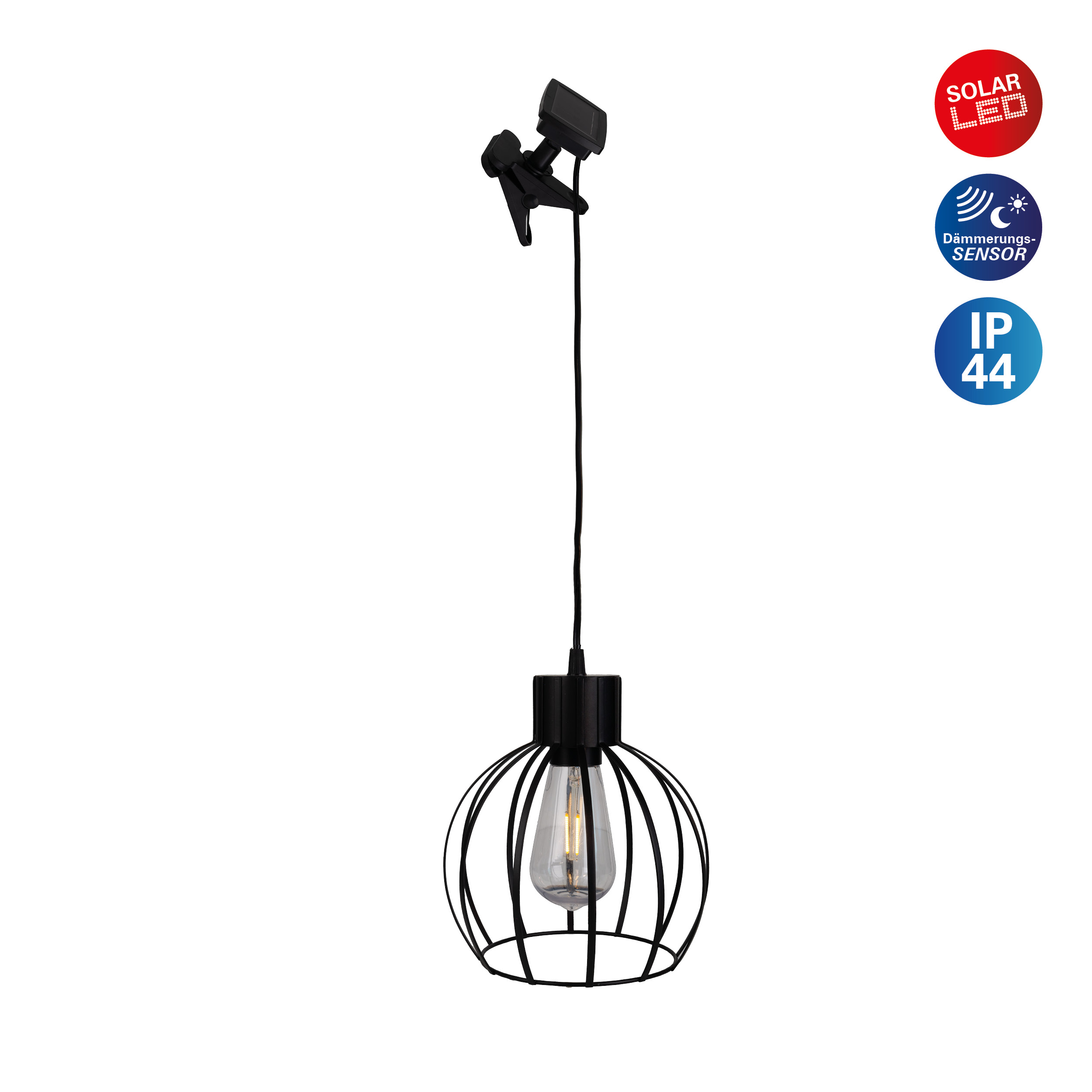 Schwarze Solar-LED-Lampe. Sie hat ein rundes Käfigdesign, ein Hängekabel und ein Solarpanel oben. Sie ist IP44-zertifiziert.
