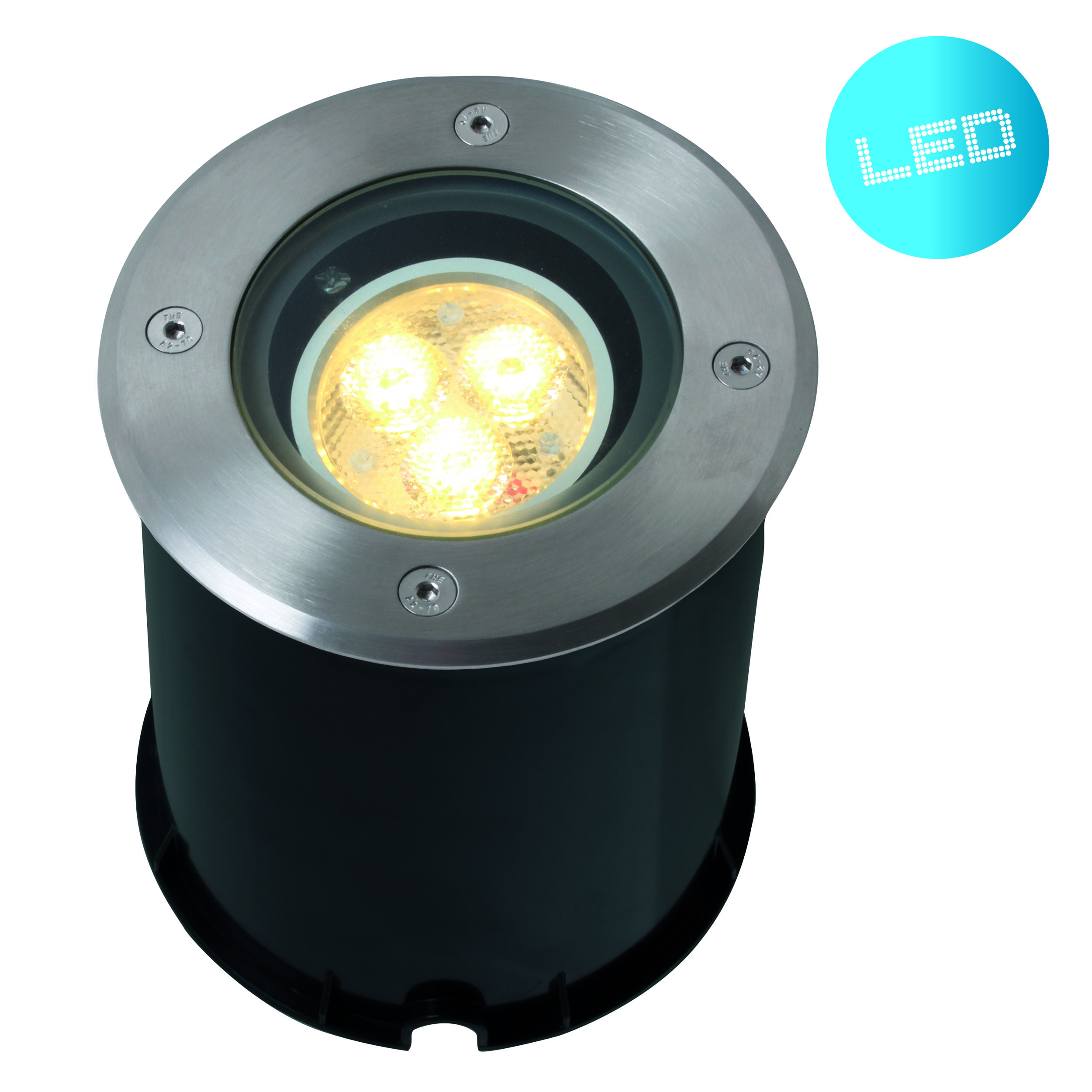LED-Bodenleuchte. Edelstahlring umgibt das Licht. Schwarzer Zylinder darunter. Blaues LED-Symbol.