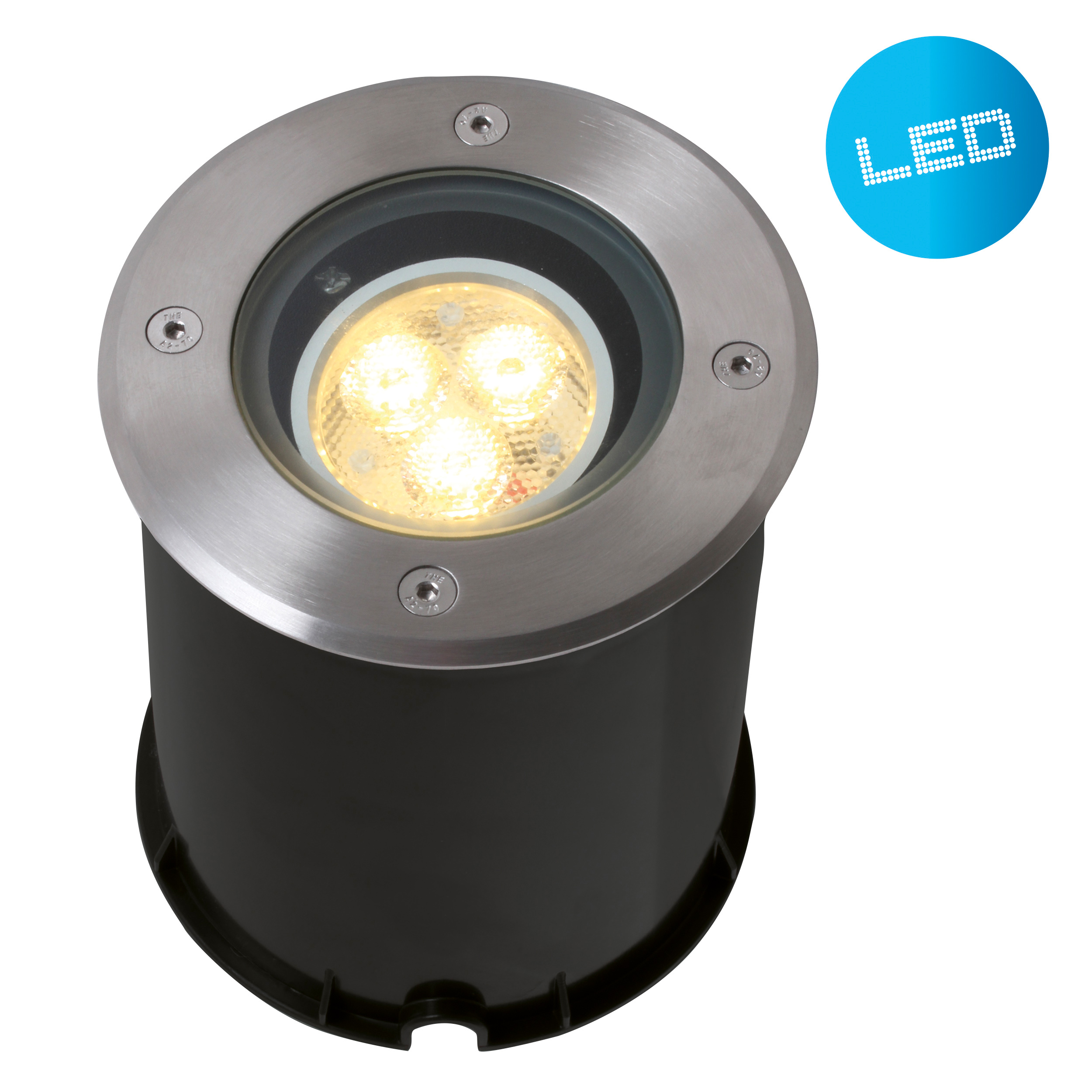 LED-Bodenleuchte mit silbernem Ring, schwarzem Körper und einem blauen Kreis mit dem Wort LED.