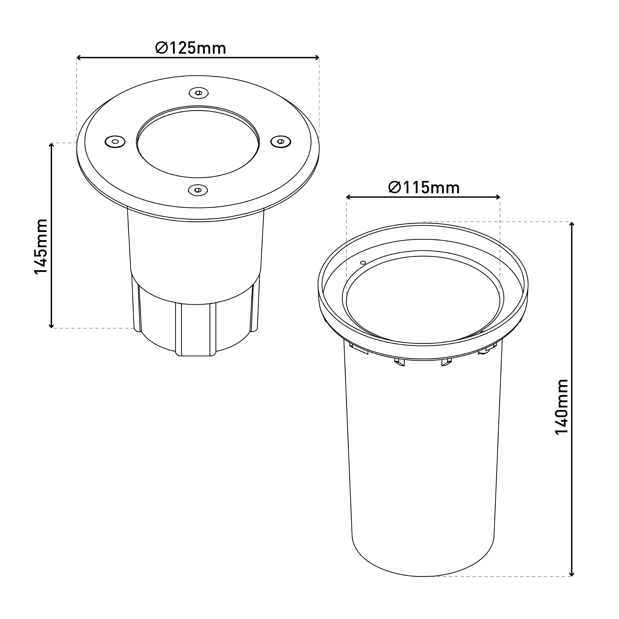 Diagramm mit zwei zylindrischen Objekten, eines mit den Maßen 125 mm x 145 mm, das andere 115 mm x 140 mm, beide schwarze Linien.