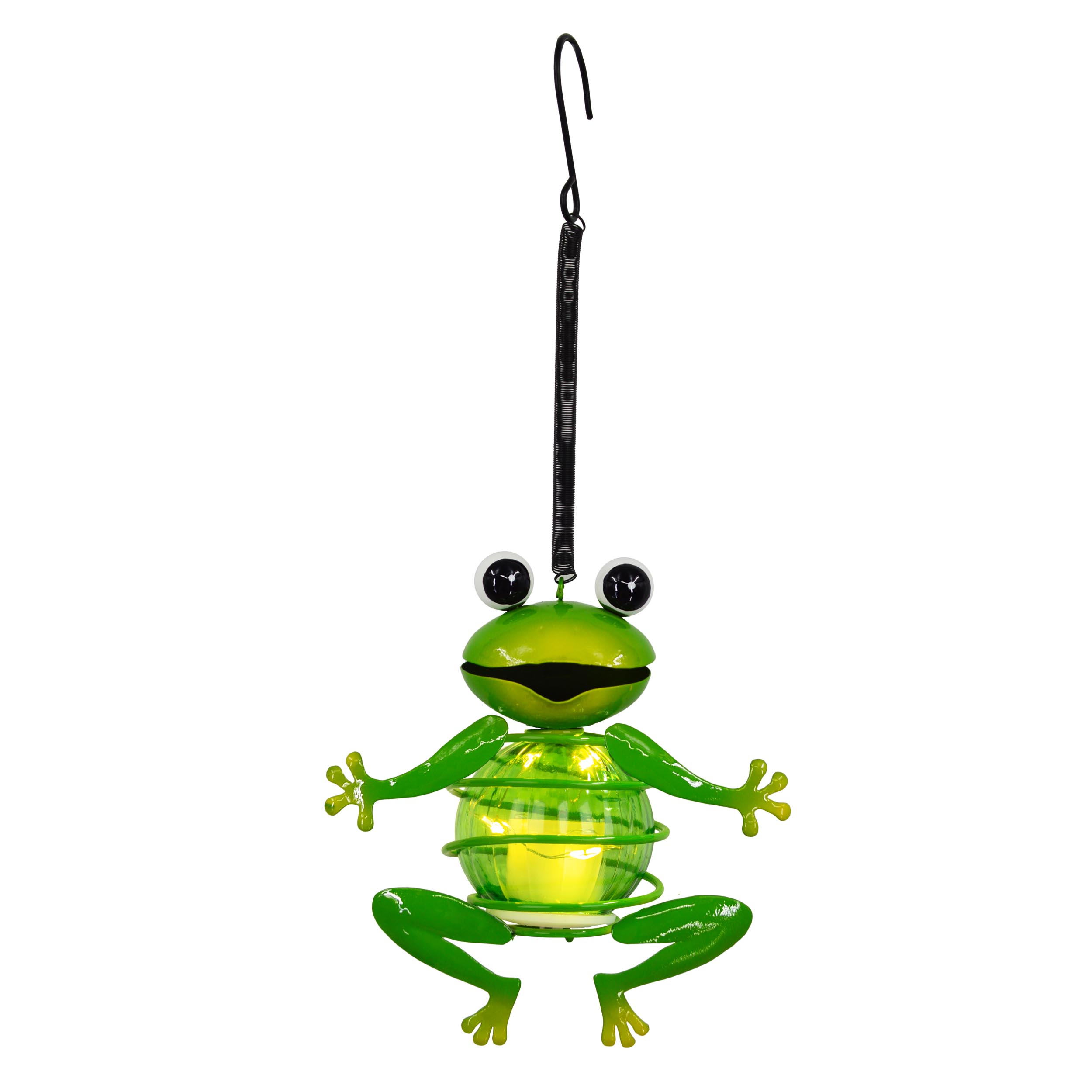 Ein grünes Metallfrosch-Ornament mit großen Augen. Es hat einen Haken und einen Bauch mit Lichtern.