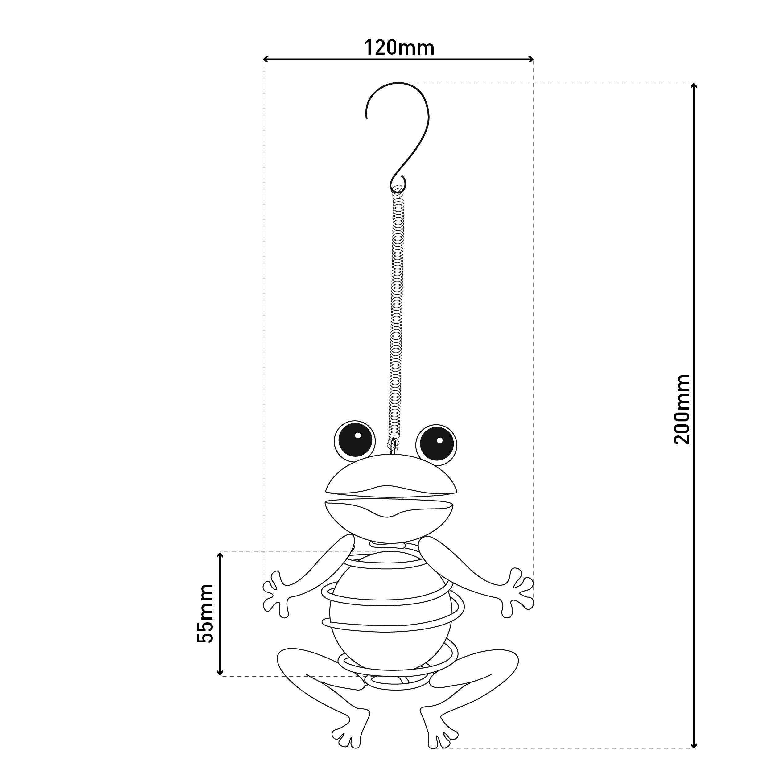 Strichzeichnung eines froschförmigen Objekts, das an einem Haken hängt. Zeigt Abmessungen: 120 mm breit und 200 mm hoch.
