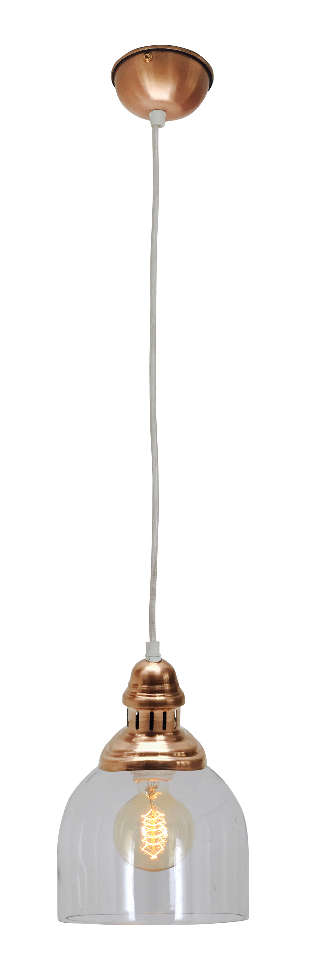 Eine kupferfarbene Pendelleuchte mit klarem Glasschirm und sichtbarer Glühbirne, die an einem weißen Kabel hängt.