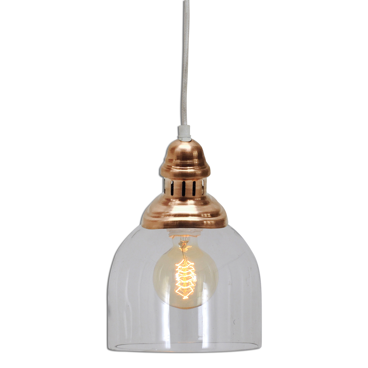 Eine Pendelleuchte mit kupferfarbenem Oberteil und einem Lampenschirm aus klarem Glas, sie hat eine warme Glühbirne und ein weißes Kabel.