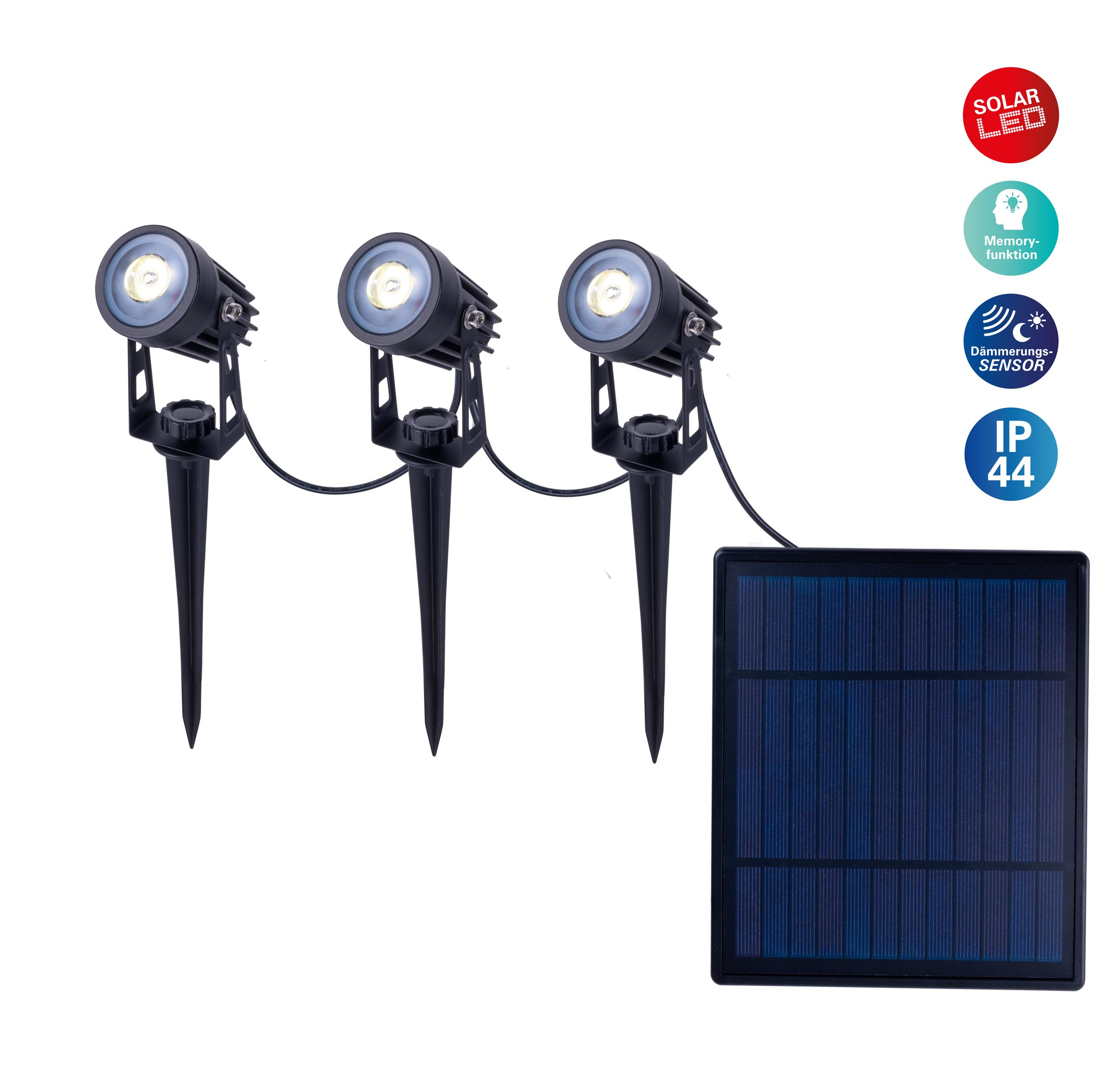 Drei schwarze LED-Strahler mit Pfählen, verbunden mit einem Solarpanel. Symbole zeigen Funktionen.