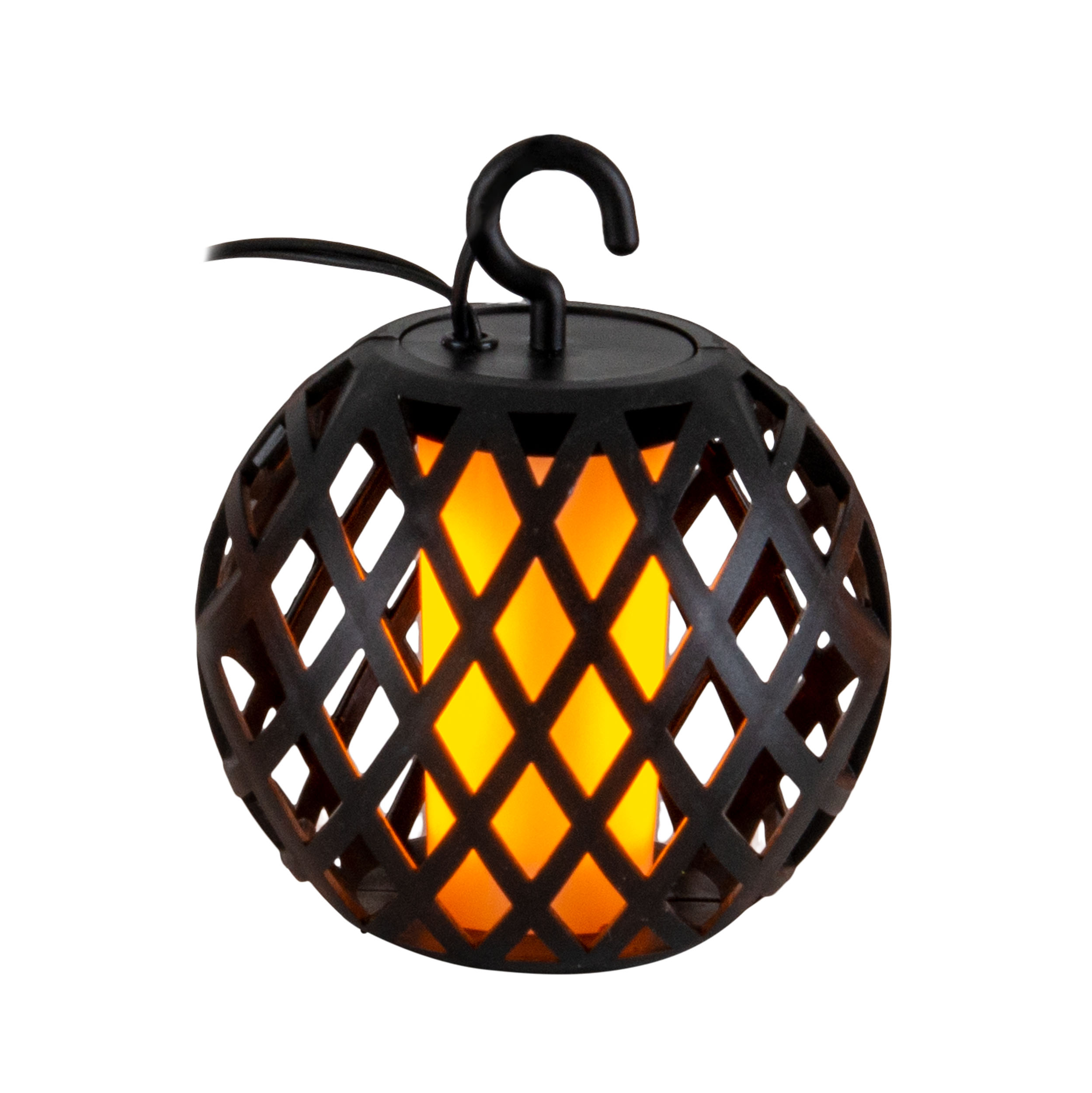 Eine schwarze, kugelförmige Laterne mit Gittermuster und orangefarbenem Licht im Inneren, mit Haken oben.