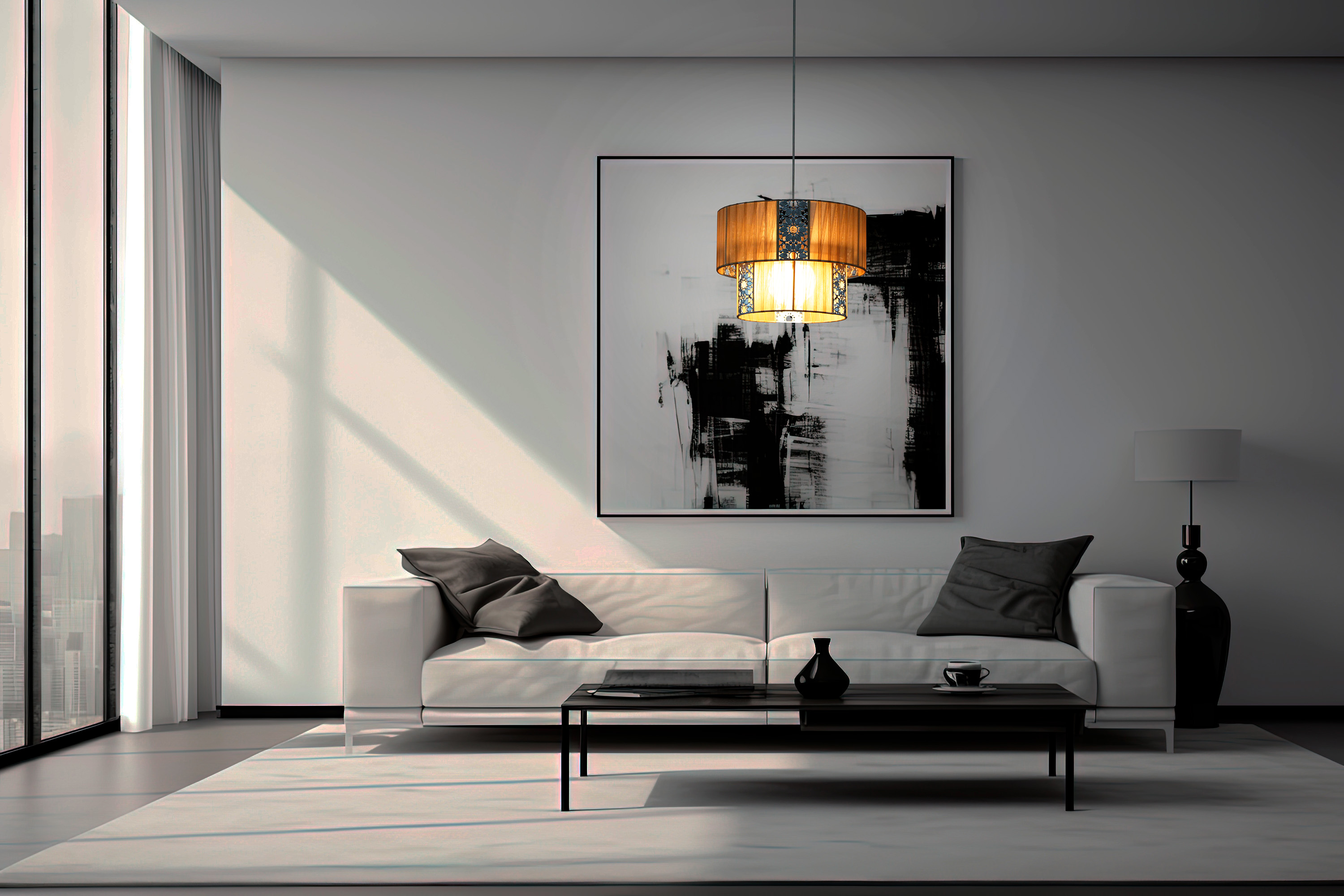 Modernes Wohnzimmer mit weißem Sofa, schwarzem Couchtisch, Lampe und abstrakter Kunst.