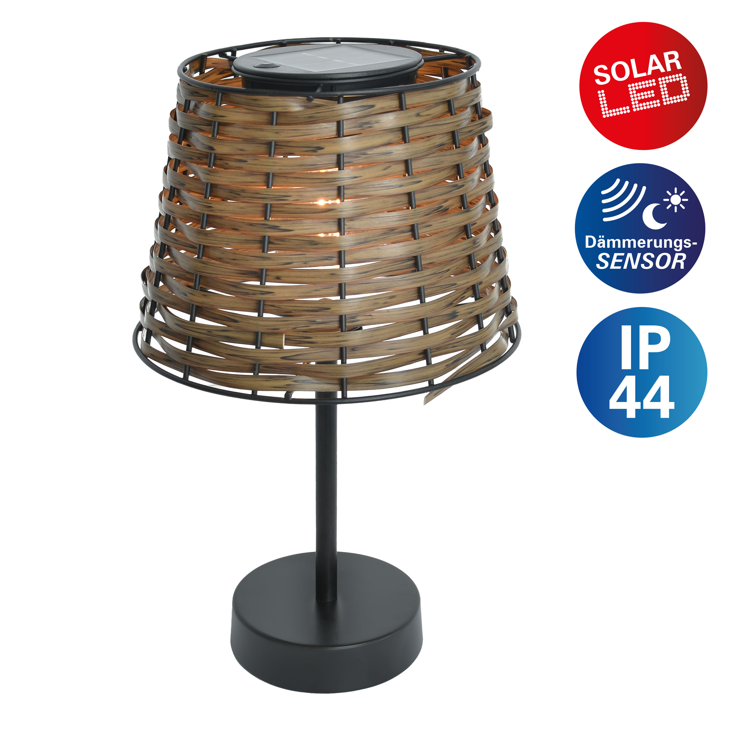 Solar-LED-Lampe mit gewebtem Schirm, schwarzem Ständer und rundem Sockel. Rote und blaue Etiketten rechts.
