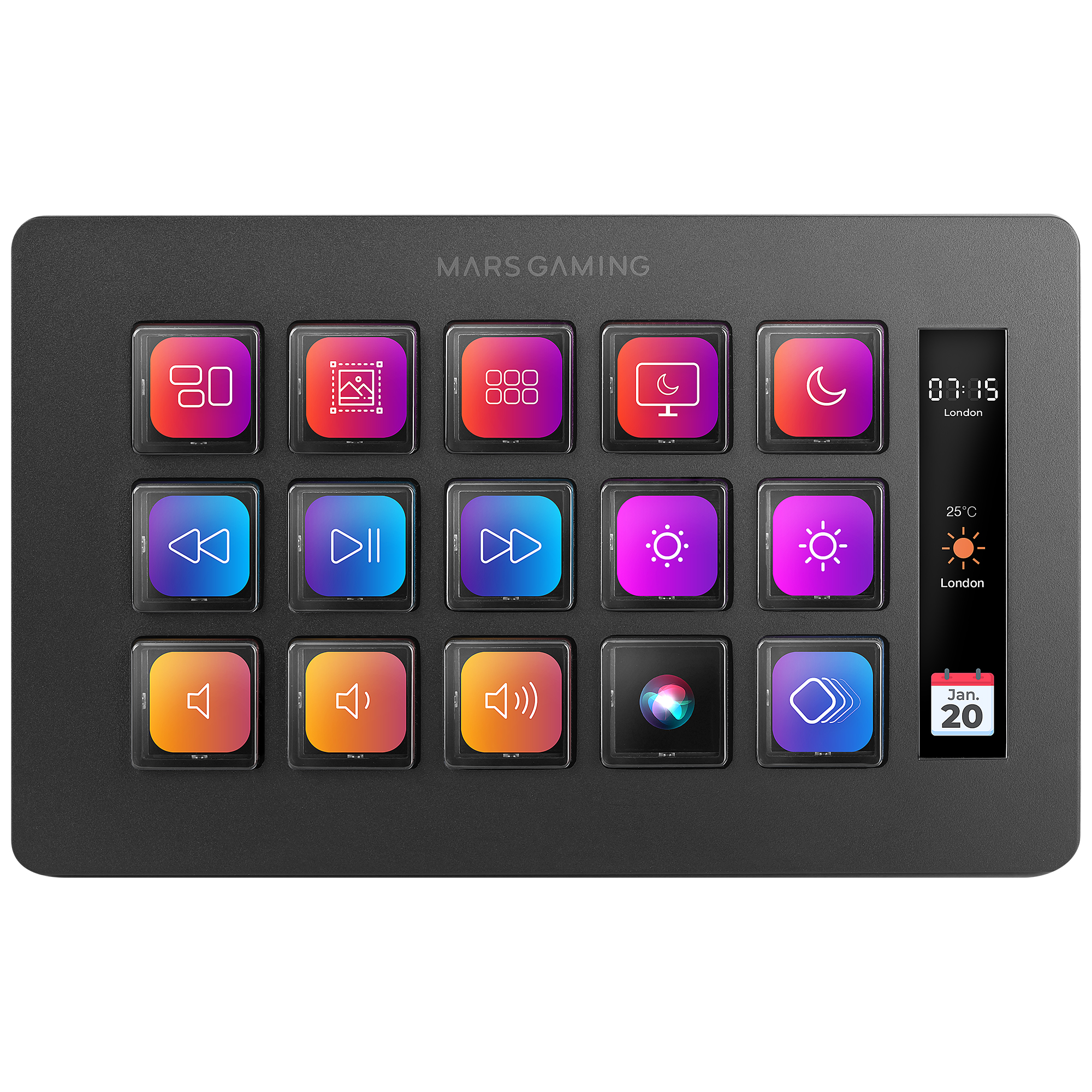 Panel de control negro con botones y pantalla. Se muestra la hora, el clima y la fecha. Los botones tienen iconos.