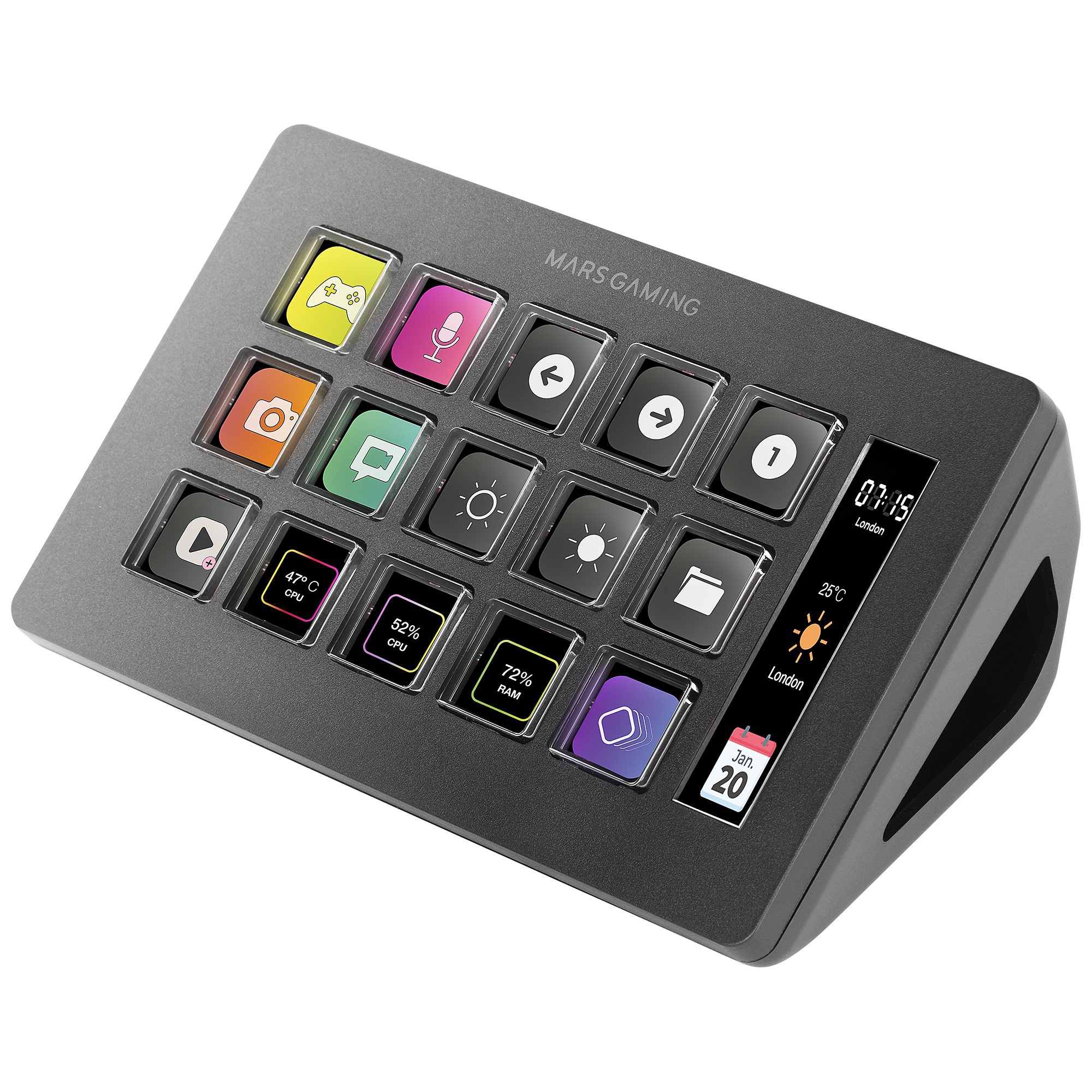 Un panel de control gris Mars Gaming con varios iconos en botones, una pantalla con hora y temperatura, y un calendario.
