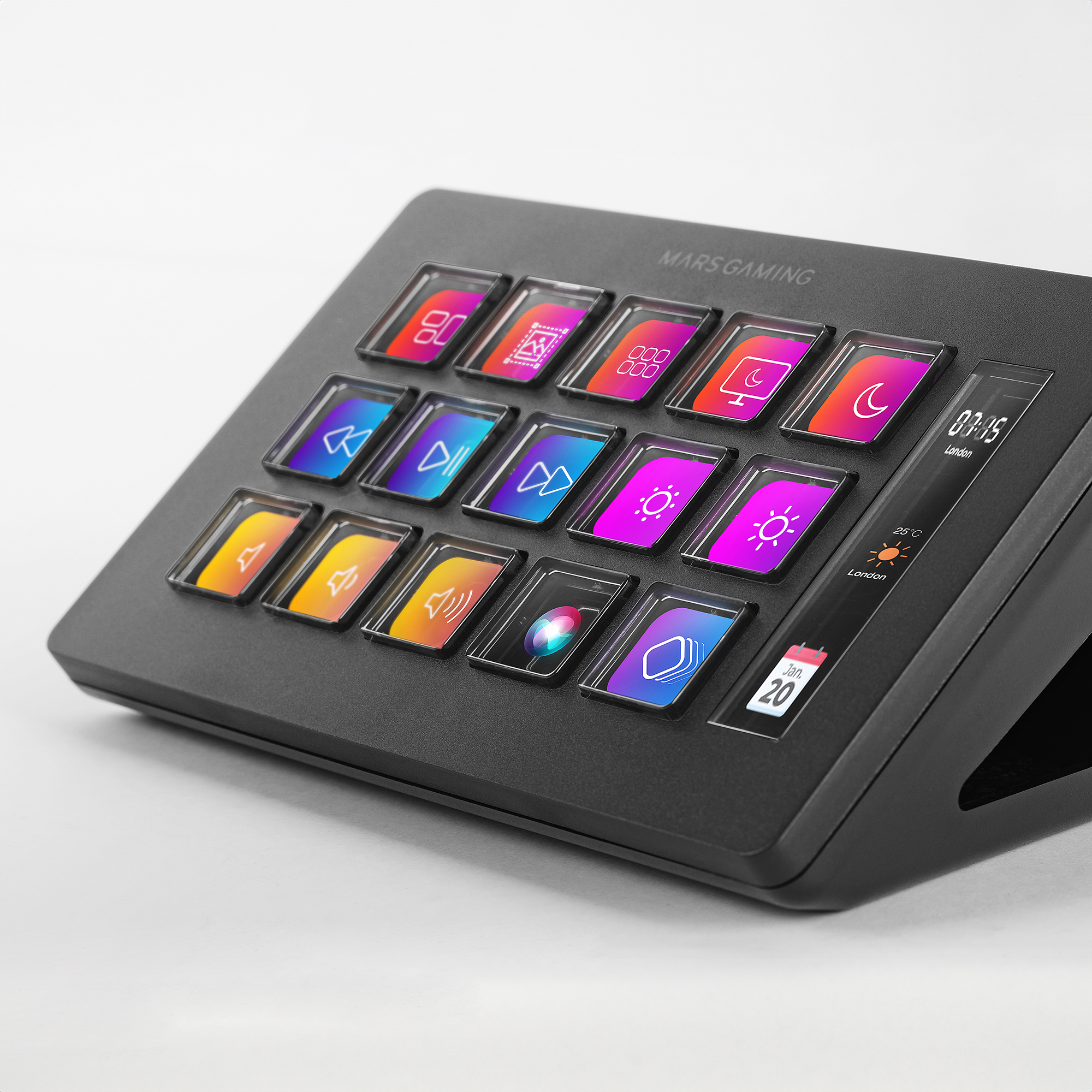 Un dispositivo negro Mars Gaming con 15 botones coloridos, una pantalla con hora y fecha, y el logo Mars Gaming.
