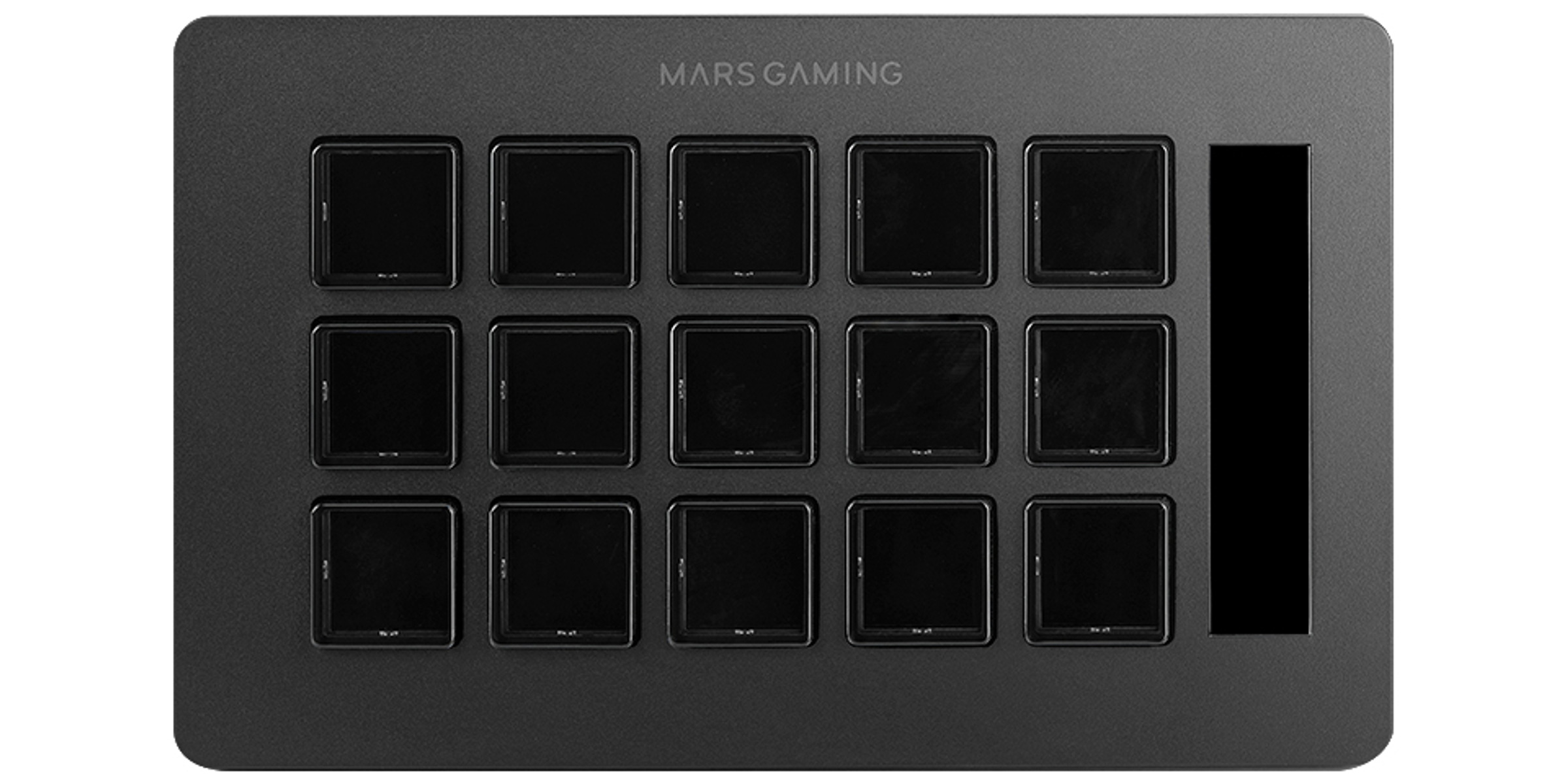 Un dispositivo Mars Gaming gris oscuro con 16 botones cuadrados y un botón rectangular largo a la derecha.