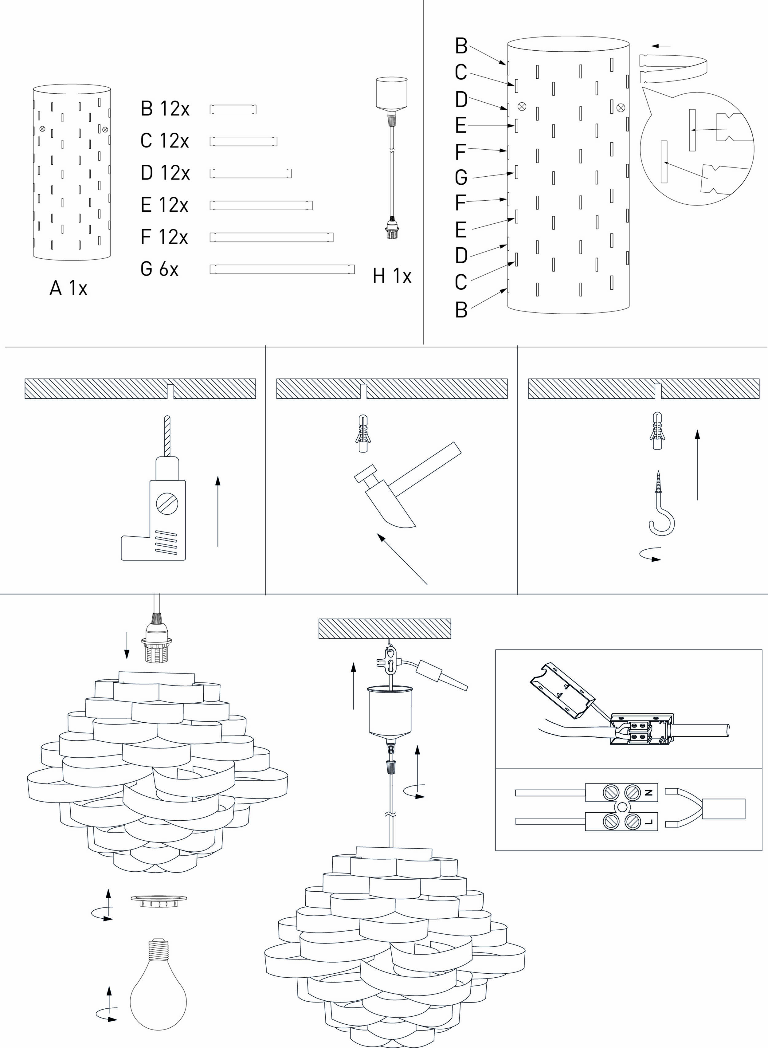 Diagramm zeigt Teile A-H, eine zylindrische Lampe und Montageschritte für eine Pendelleuchte. Enthält Bohren, Verdrahten und Glühbirnenanpassung.